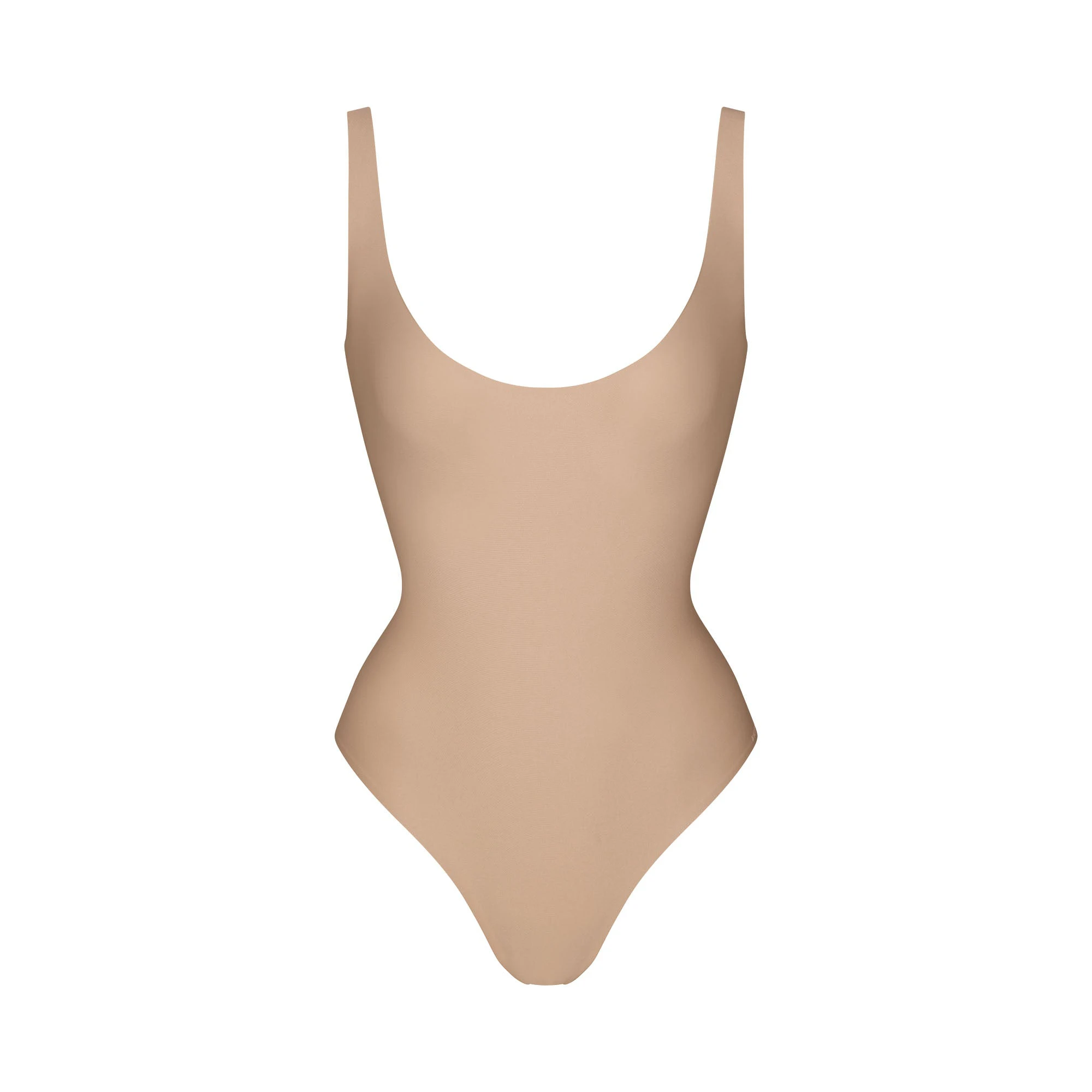 SKIMS BODY SCOOP LOW BACK THONG BODYSUIT | CLAY FLAT ON A WHITE BACKGROUND | FLT