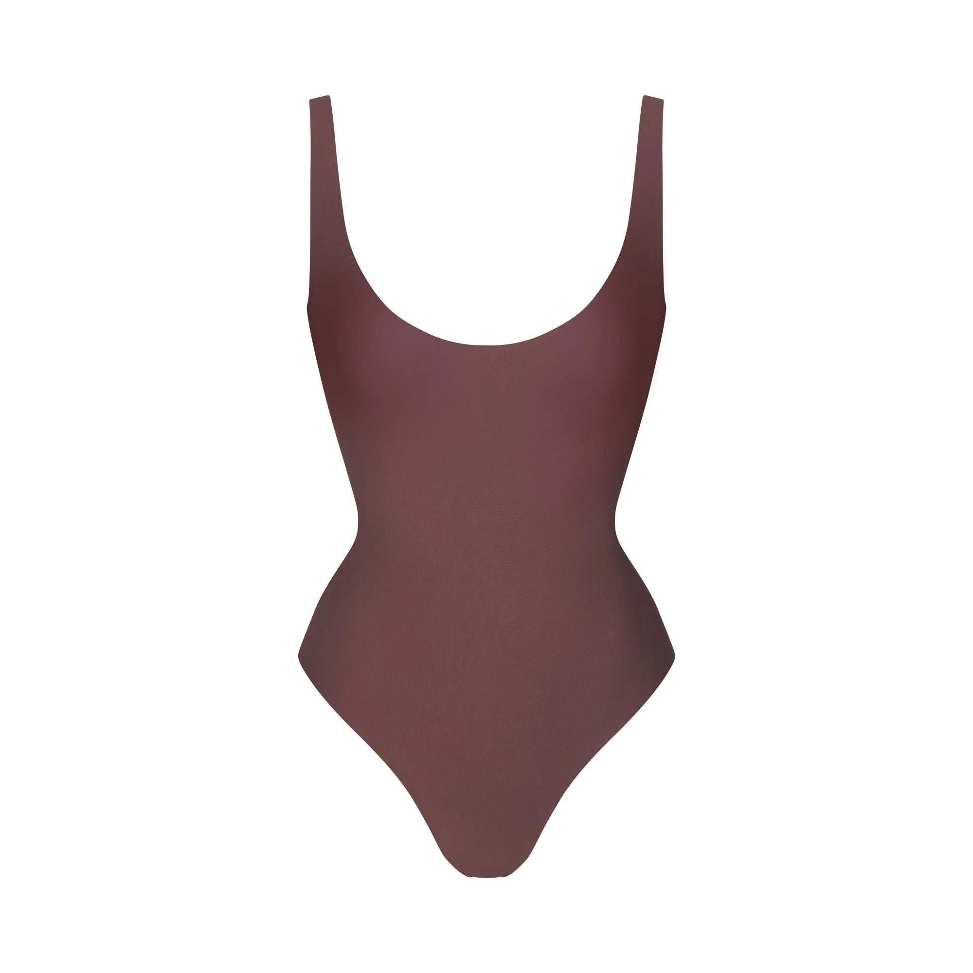 SKIMS BODY SCOOP LOW BACK THONG BODYSUIT | COCOA FLAT ON A WHITE BACKGROUND | FLT