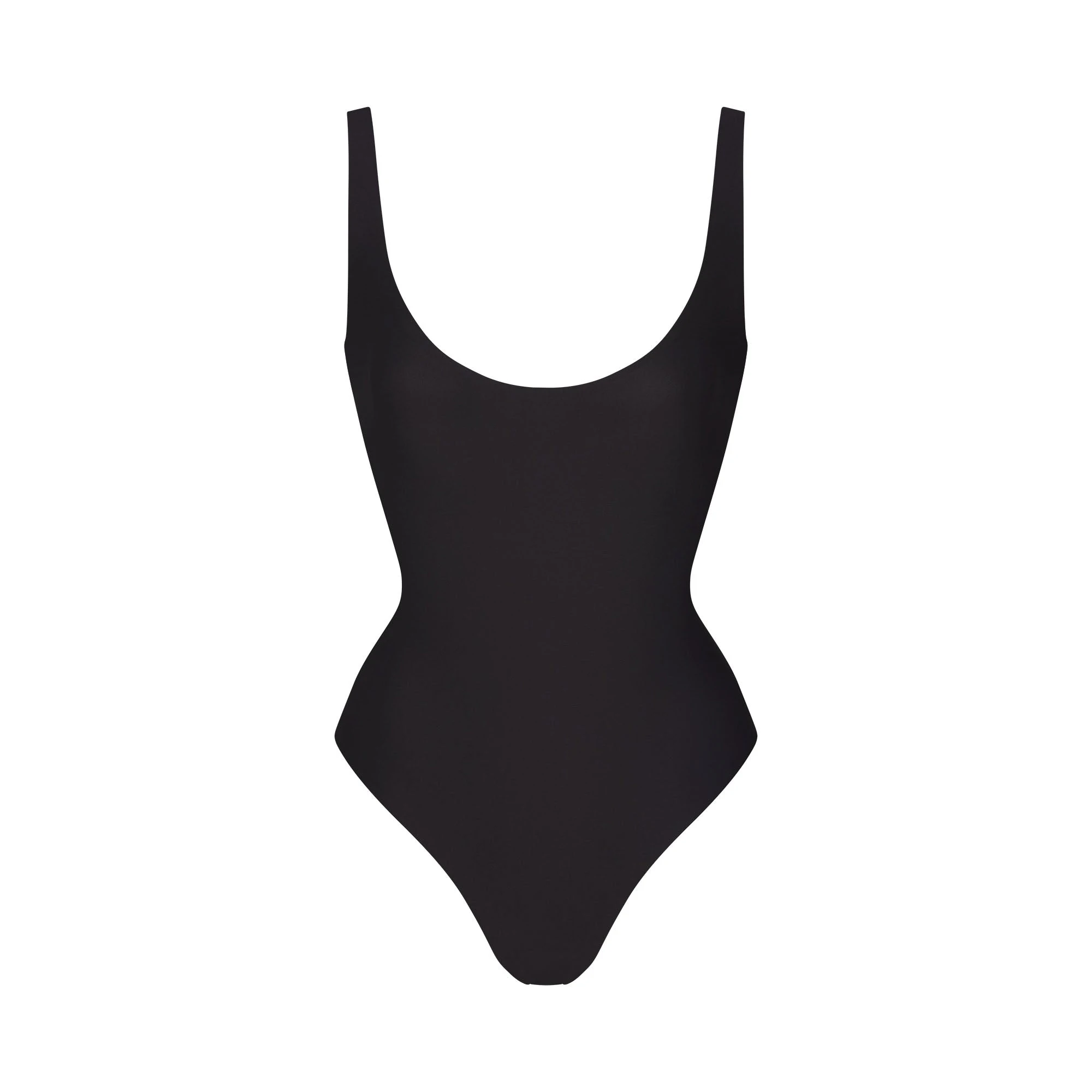 SKIMS BODY SCOOP LOW BACK THONG BODYSUIT | ONYX FLAT ON A WHITE BACKGROUND | FLT