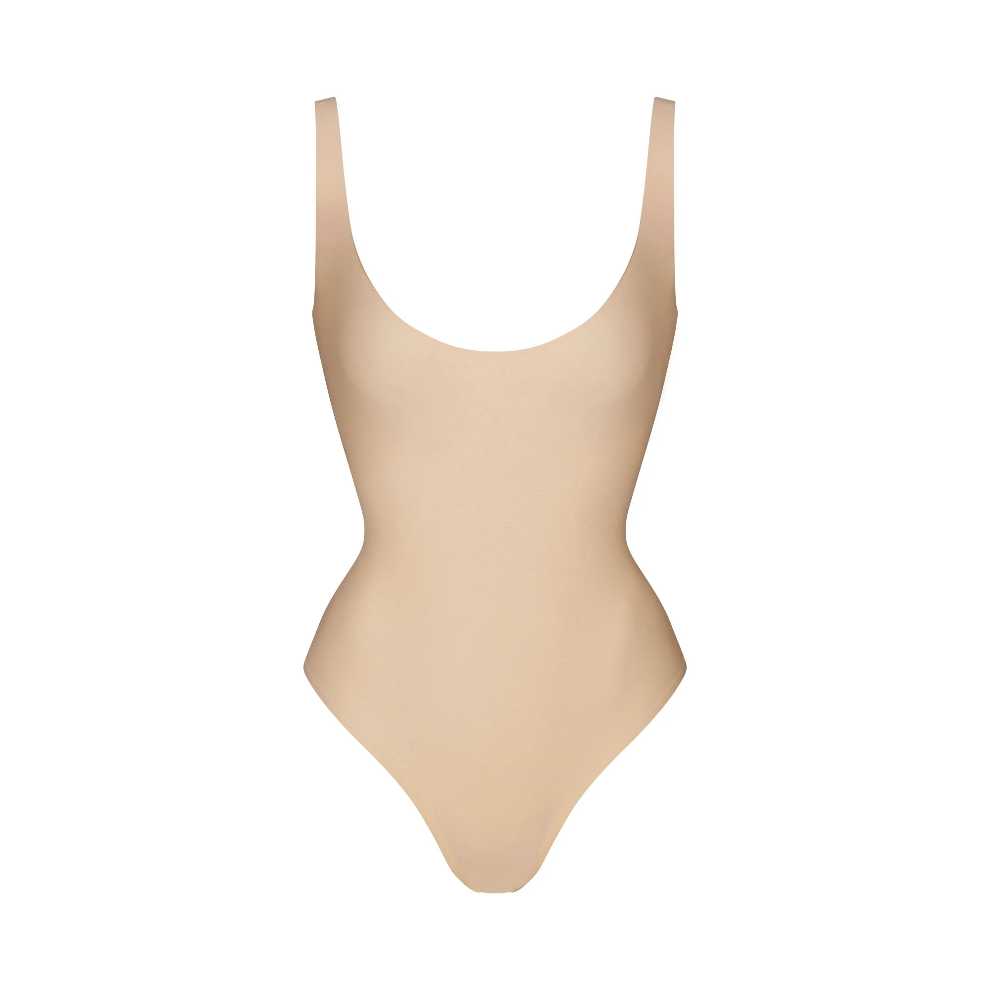 SKIMS BODY SCOOP LOW BACK THONG BODYSUIT | SAND FLAT ON A WHITE BACKGROUND | FLT