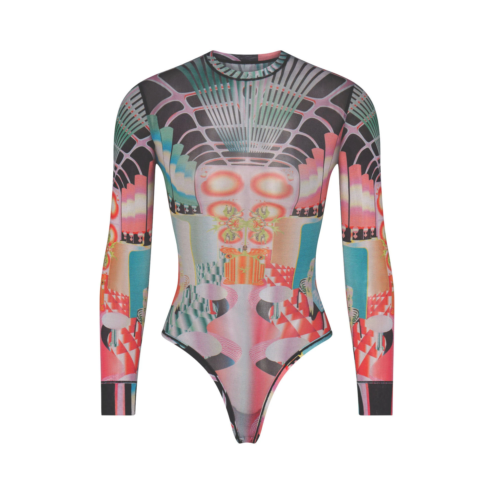 SUMMER MESH LONG SLEEVE THONG BODYSUIT LAYS FLAT ON A WHITE BACKGROUND