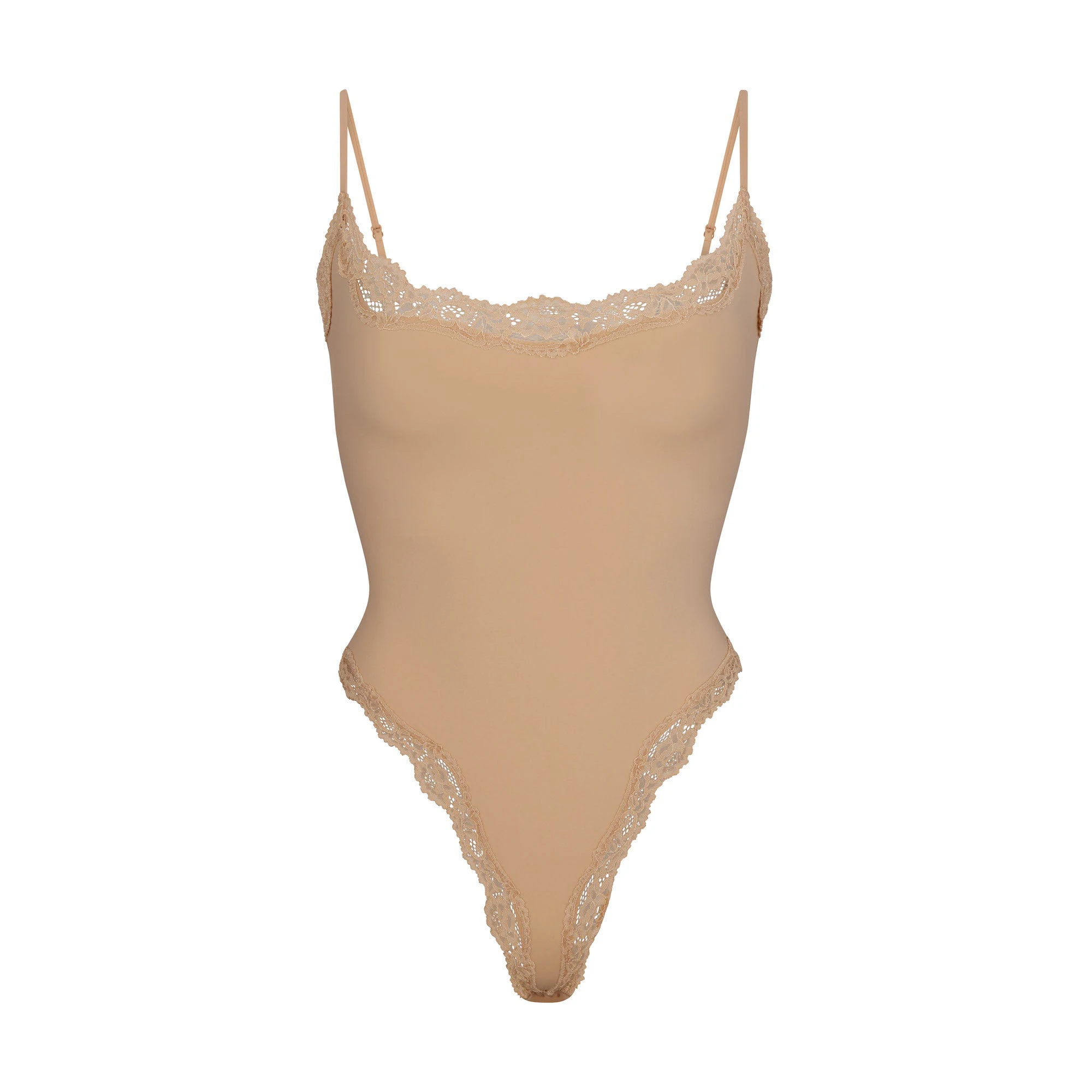 FITS EVERYBODY LACE CAMI BODYSUIT LAYS FLAT ON A WHITE BACKGROUND