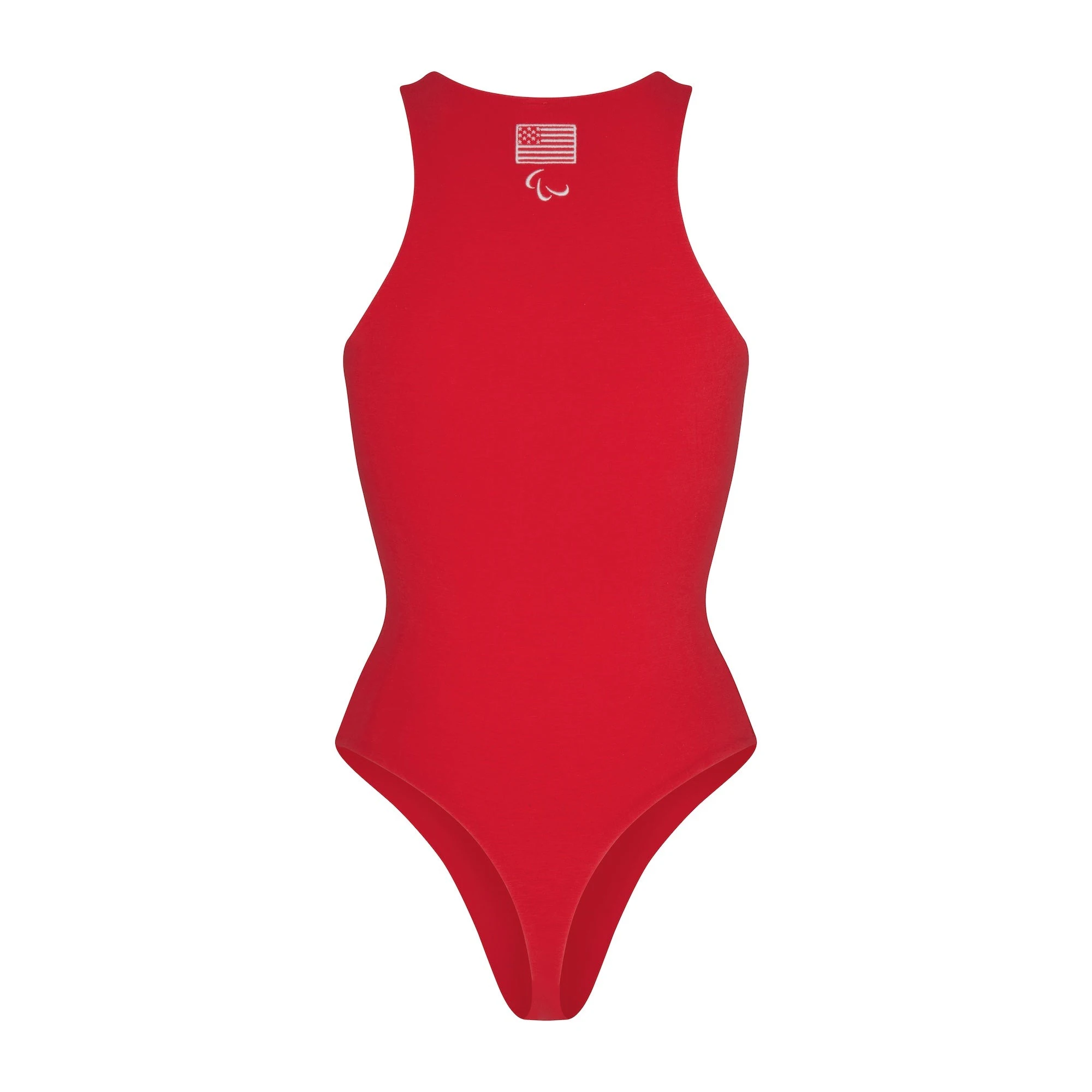 SKIMS FOR TEAM USA COTTON JERSEY PARALYMPIC HIGH NECK BODYSUIT | RED FLAT ON A WHITE BACKGROUND | FLT