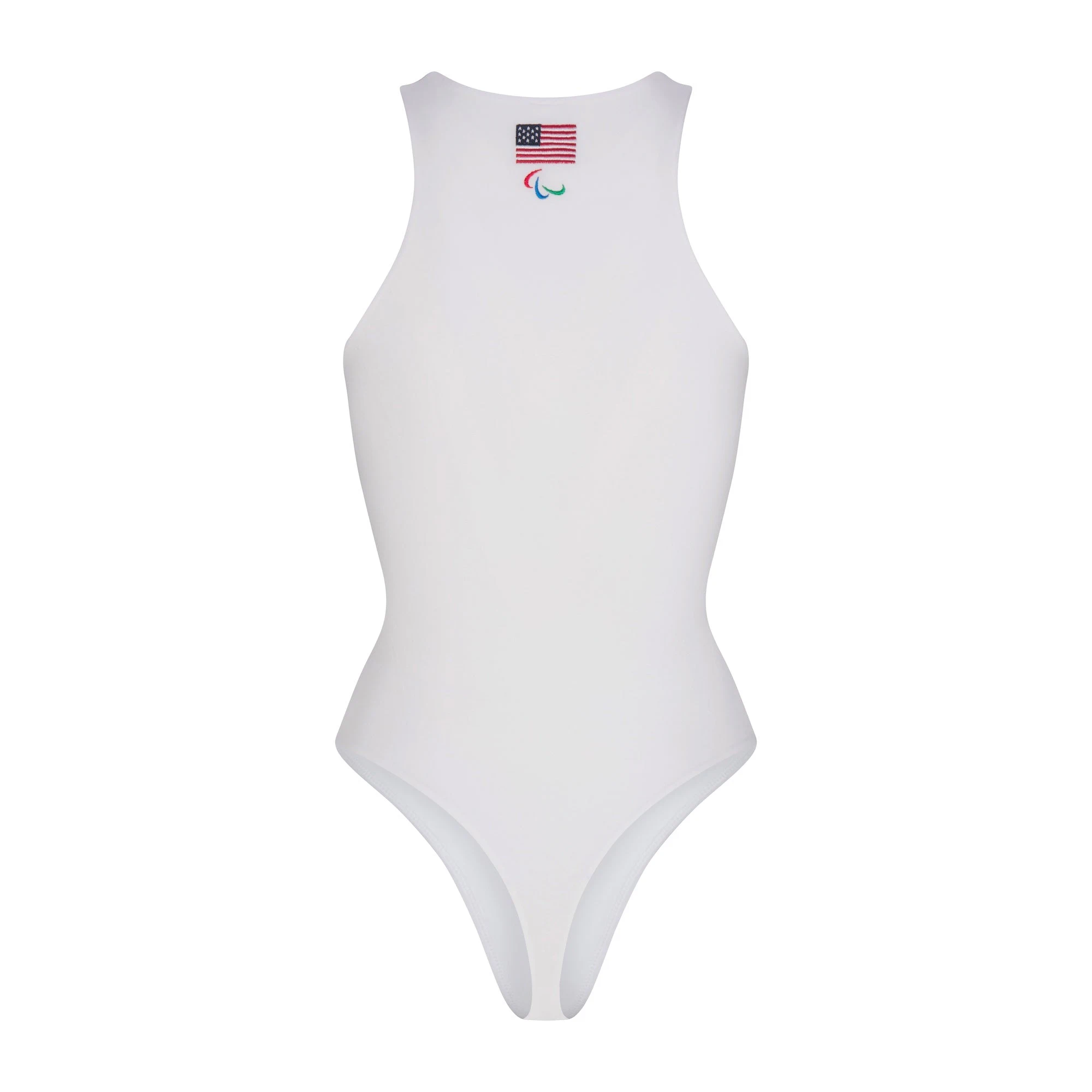 SKIMS FOR TEAM USA COTTON JERSEY PARALYMPIC HIGH NECK BODYSUIT | WHITE FLAT ON A WHITE BACKGROUND | FLT
