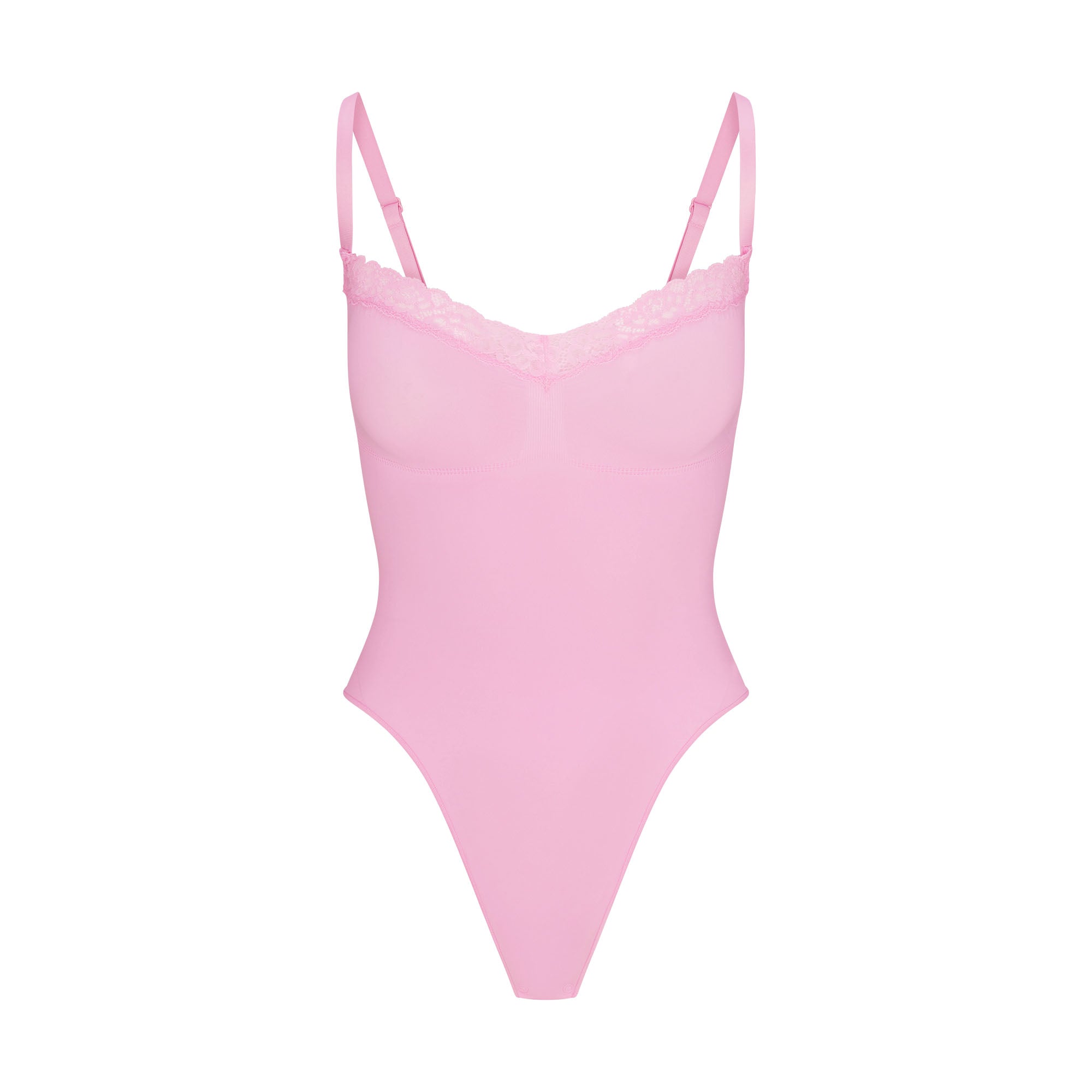 SEAMLESS SCULPT LACE THONG BODYSUIT | BUBBLE GUM FLAT ON A WHITE BACKGROUND | FLT