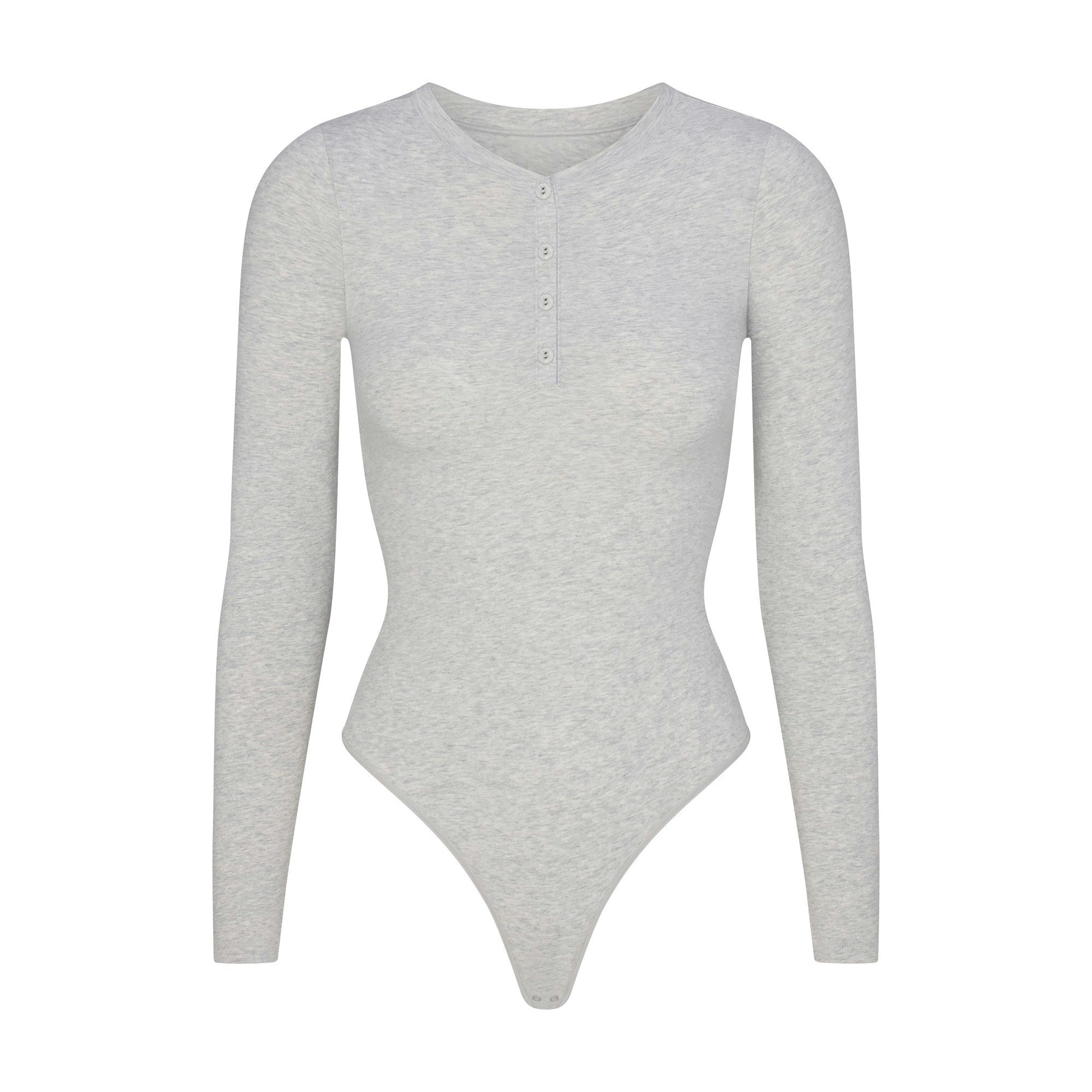 COTTON JERSEY LONG SLEEVE HENLEY BODYSUIT | LIGHT HEATHER GREY (BODYSUITS) FLAT ON A WHITE BACKGROUND | FLT