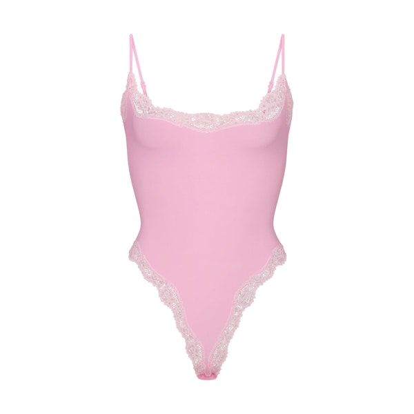 FITS EVERYBODY LACE CAMI BODYSUIT | BUBBLEGUM TONAL FLAT ON A WHITE BACKGROUND | FLT