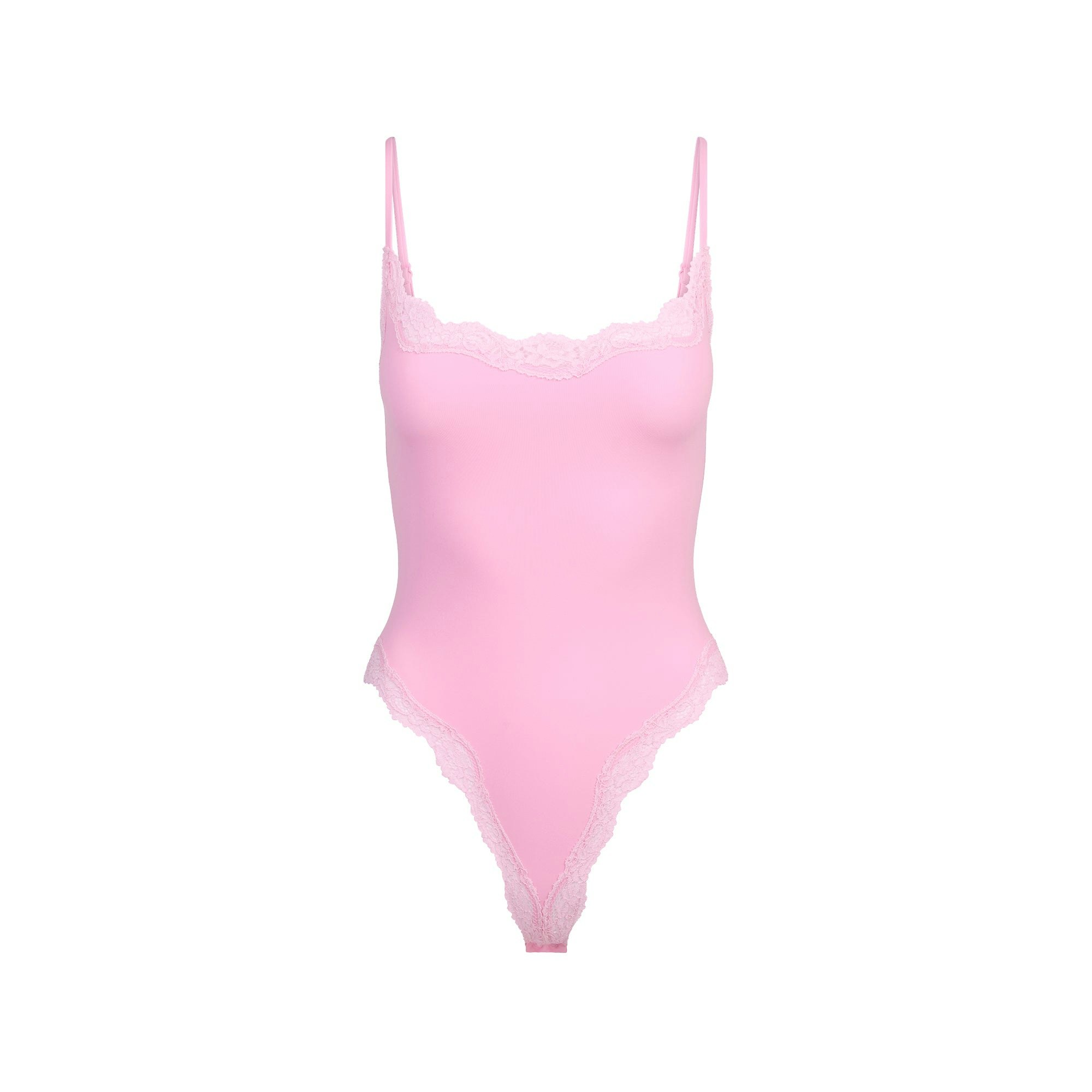 FITS EVERYBODY LACE CAMI BODYSUIT | BUBBLE GUM TONAL FLAT ON A WHITE BACKGROUND | FLT