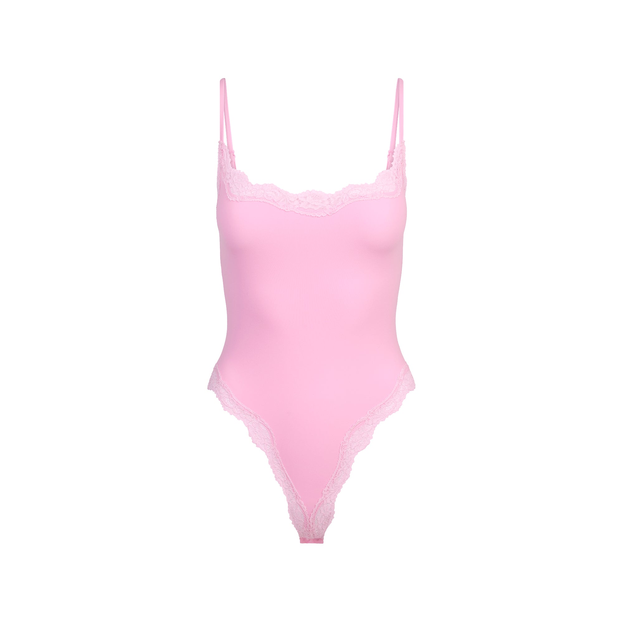 FITS EVERYBODY LACE CAMI BODYSUIT | BUBBLE GUM TONAL FLAT ON A WHITE BACKGROUND | FLT