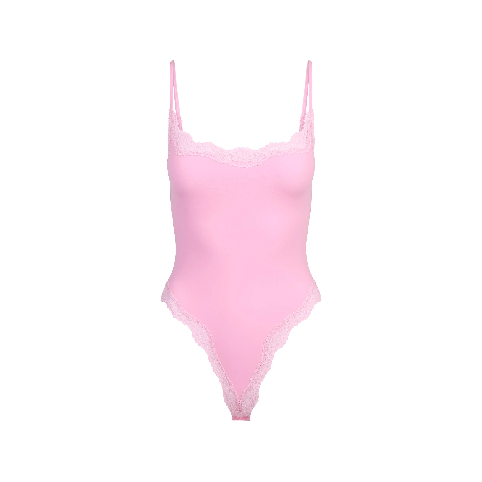 FITS EVERYBODY LACE CAMI BODYSUIT | BUBBLE GUM TONAL FLAT ON A WHITE BACKGROUND | FLT