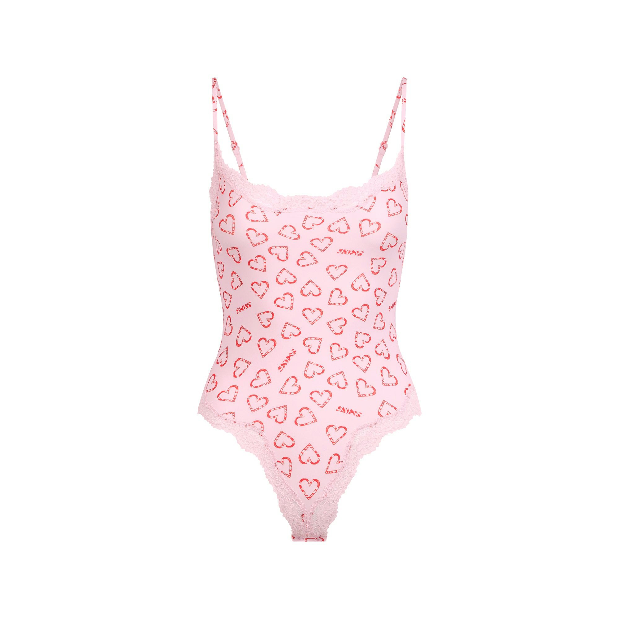 FITS EVERYBODY LACE CAMI BODYSUIT | CHERRY BLOSSOM CANDY HEART PRINT FLAT ON A WHITE BACKGROUND | FLT