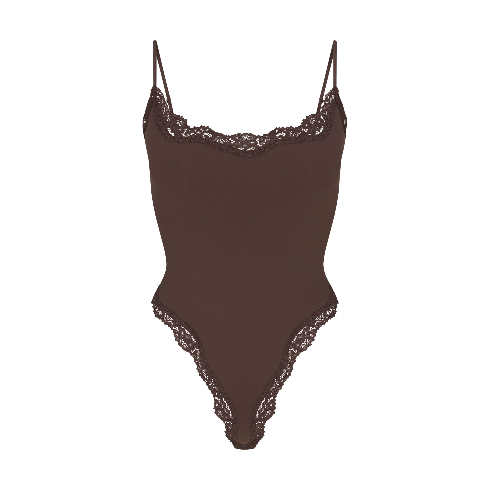 FITS EVERYBODY LACE CAMI BODYSUIT | ESPRESSO FLAT ON A WHITE BACKGROUND | FLT