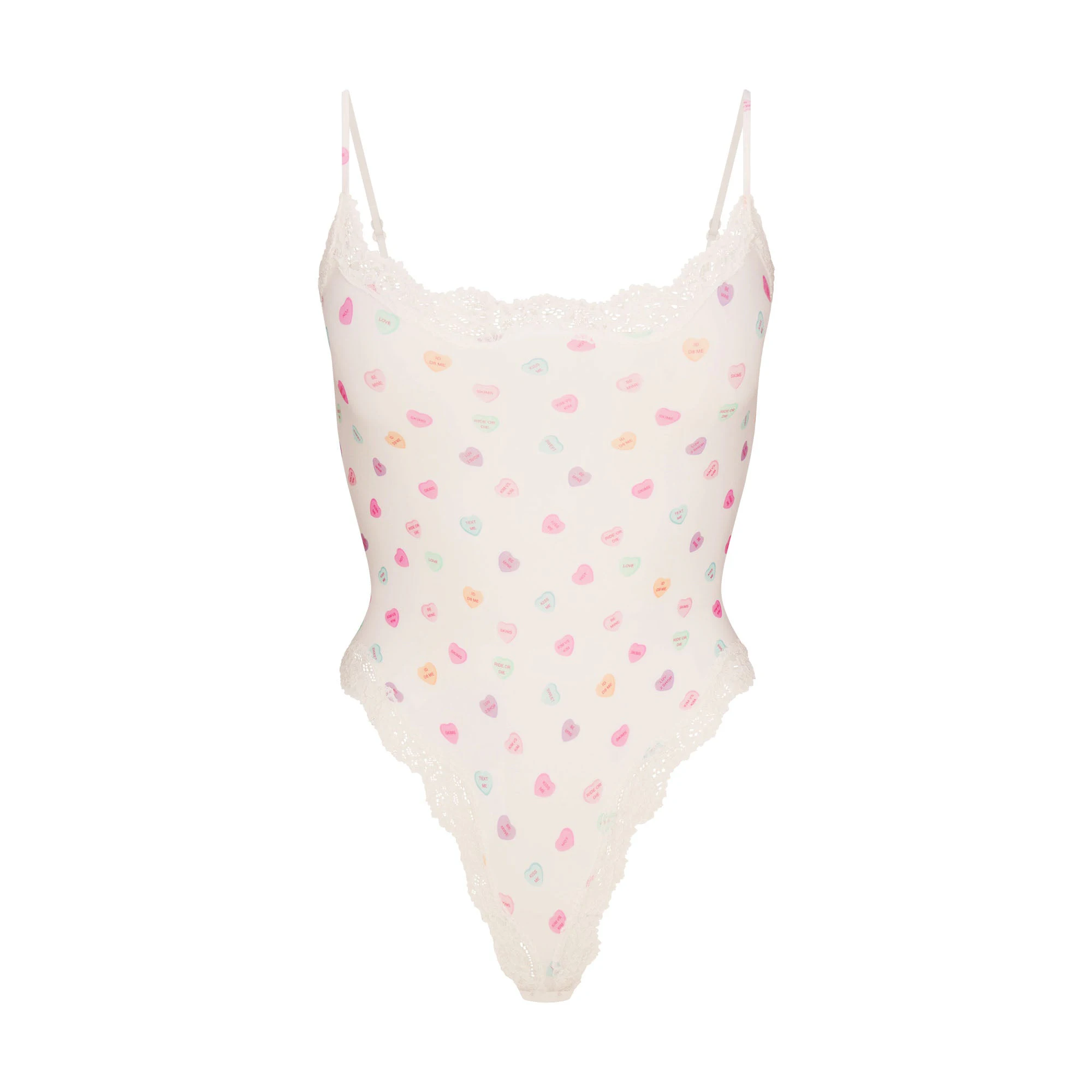 FITS EVERYBODY LACE CAMI BODYSUIT | MARBLE CANDY HEART PRINT FLAT ON A WHITE BACKGROUND | FLT