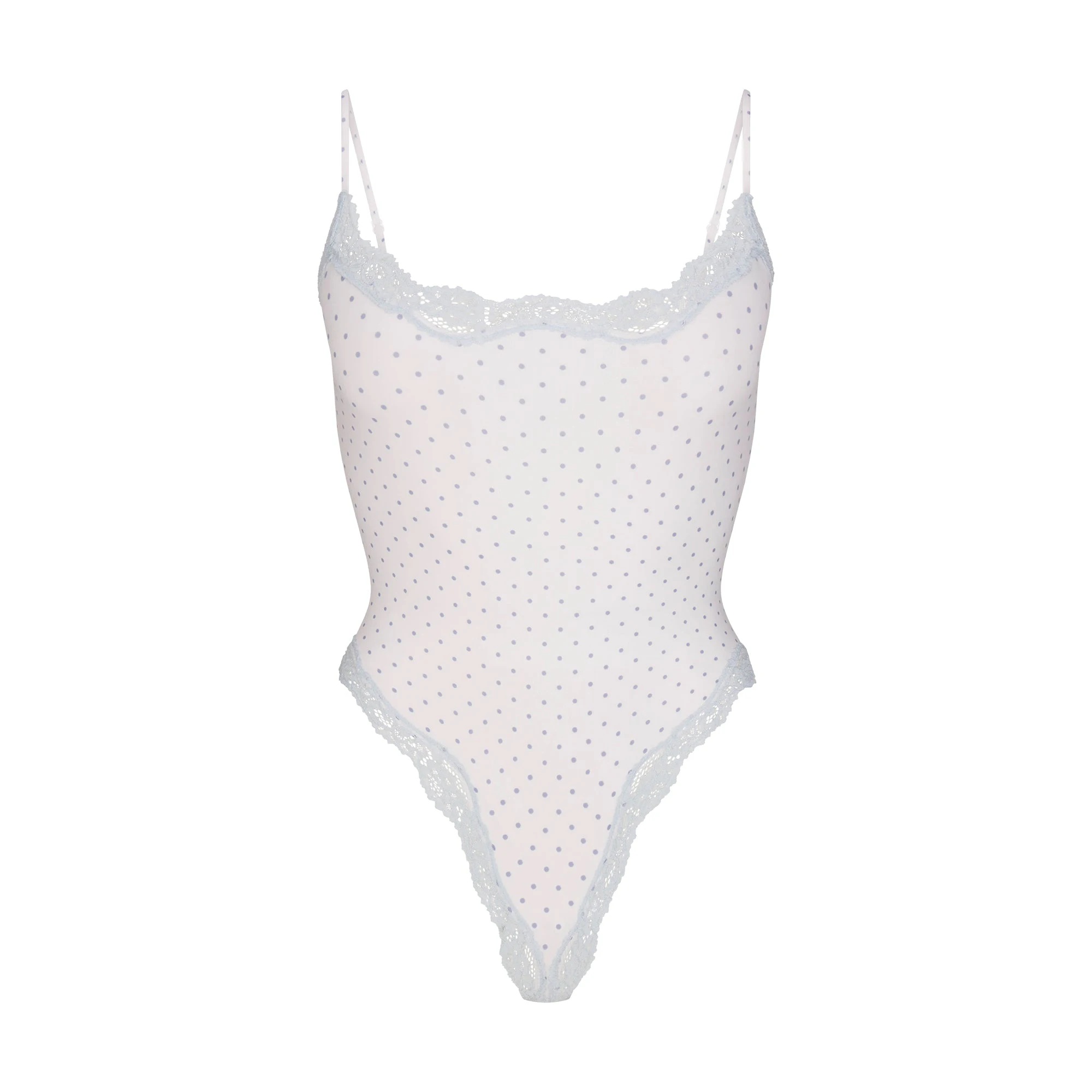 FITS EVERYBODY LACE CAMI BODYSUIT | SLATE PIN DOT PRINT FLAT ON A WHITE BACKGROUND | FLT