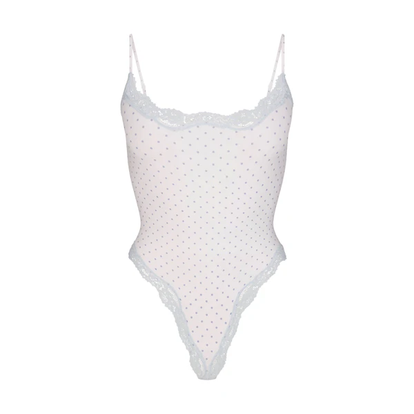 FITS EVERYBODY LACE CAMI BODYSUIT | SLATE PIN DOT PRINT FLAT ON A WHITE BACKGROUND | FLT