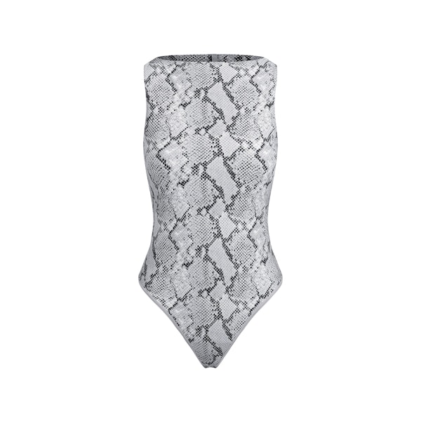CLING MATTE BOATNECK BODYSUIT | CHROME SNAKESKIN PRINT FLAT ON A WHITE BACKGROUND | FLT