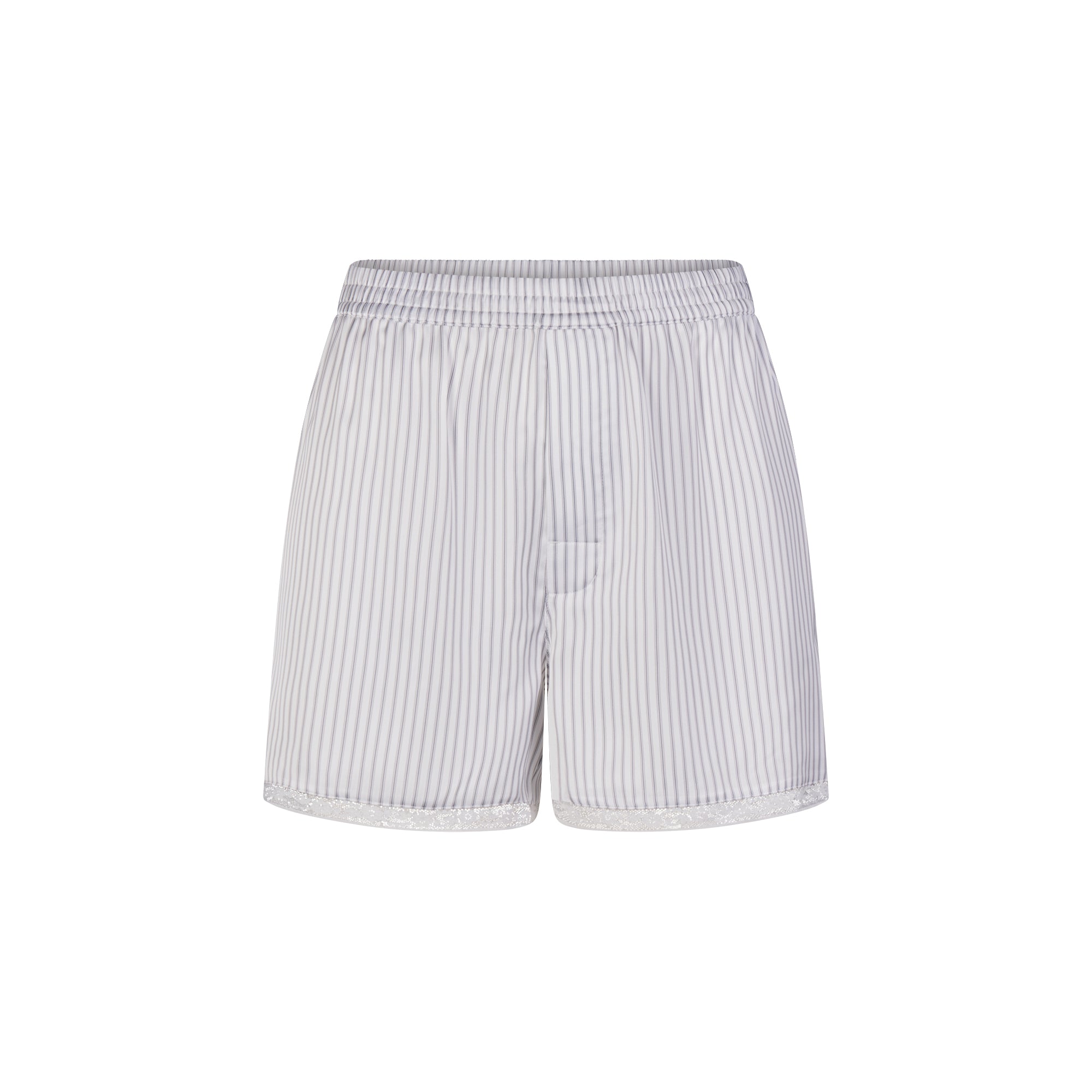 WOVEN SHINE LACE BOXER | SILVER TRIPLE PINSTRIPE FLAT ON A WHITE BACKGROUND | FLT