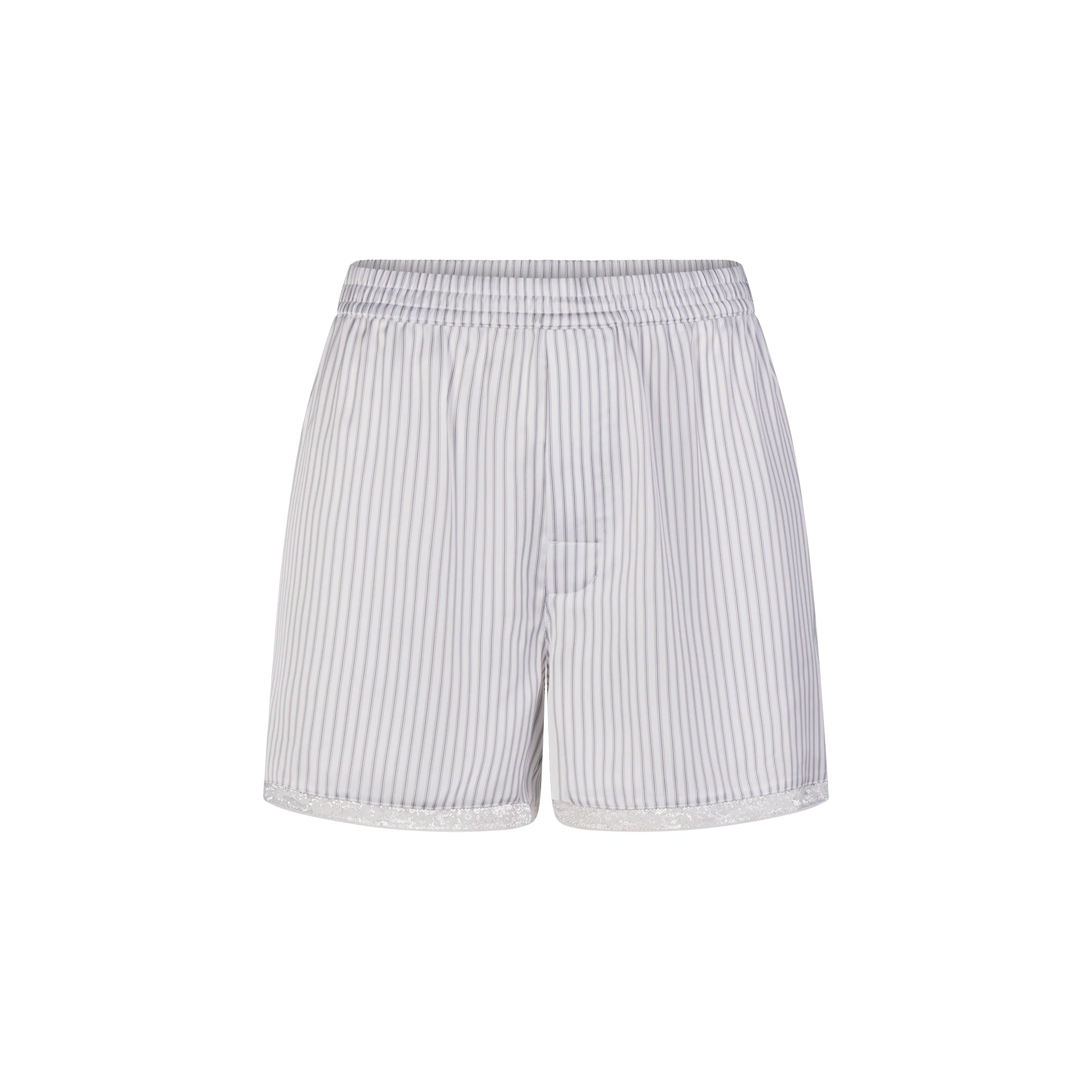 WOVEN SHINE LACE BOXER | SILVER TRIPLE PINSTRIPE FLAT ON A WHITE BACKGROUND | FLT