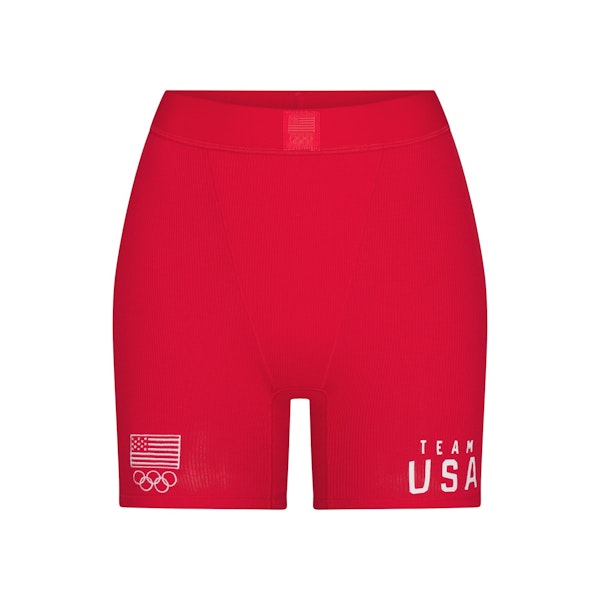 SKIMS FOR TEAM USA COTTON RIB OLYMPIC BOXER | RED (BOXERS, BOTTOMS) FLAT ON A WHITE BACKGROUND | FLT
