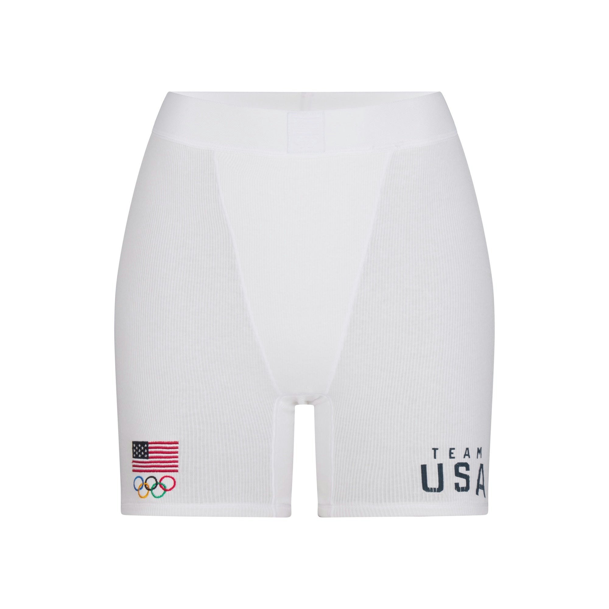 SKIMS FOR TEAM USA COTTON RIB OLYMPIC BOXER | WHITE (BOXERS, BOTTOMS) FLAT ON A WHITE BACKGROUND | FLT