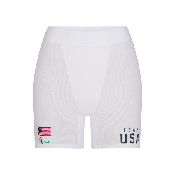 SKIMS FOR TEAM USA COTTON RIB PARALYMPIC BOXER | WHITE (BOXERS, BOTTOMS) FLAT ON A WHITE BACKGROUND | FLT