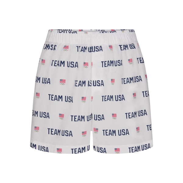 SKIMS FOR TEAM USA COTTON POPLIN SLEEP MENS OLYMPIC BOXER | WHITE (MENS BOXERS, MENS UNDERWEAR) FLAT ON A WHITE BACKGROUND | FLT