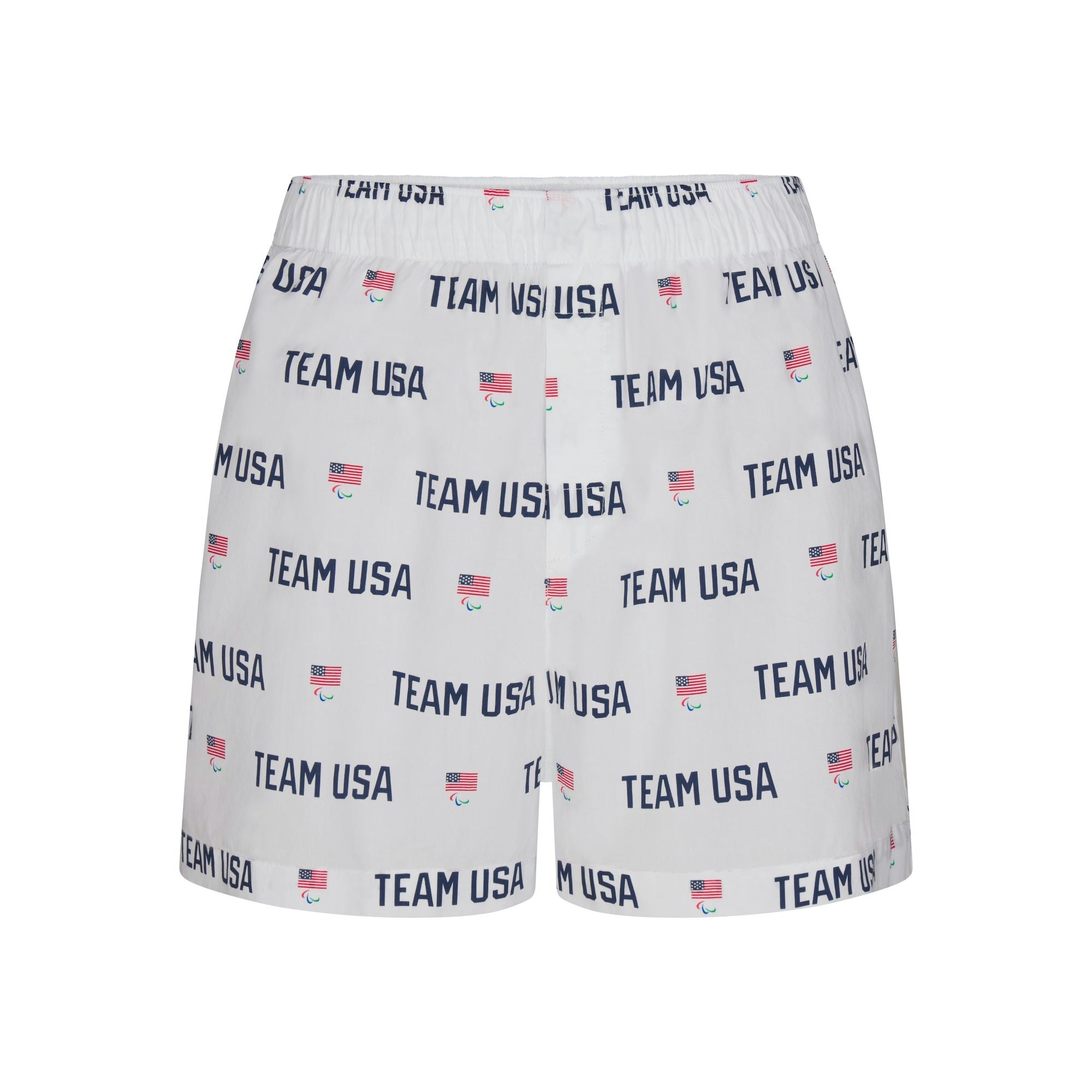 SKIMS FOR TEAM USA COTTON POPLIN SLEEP PARALYMPIC BOXER | WHITE (SHORTS, BOTTOMS) FLAT ON A WHITE BACKGROUND | FLT