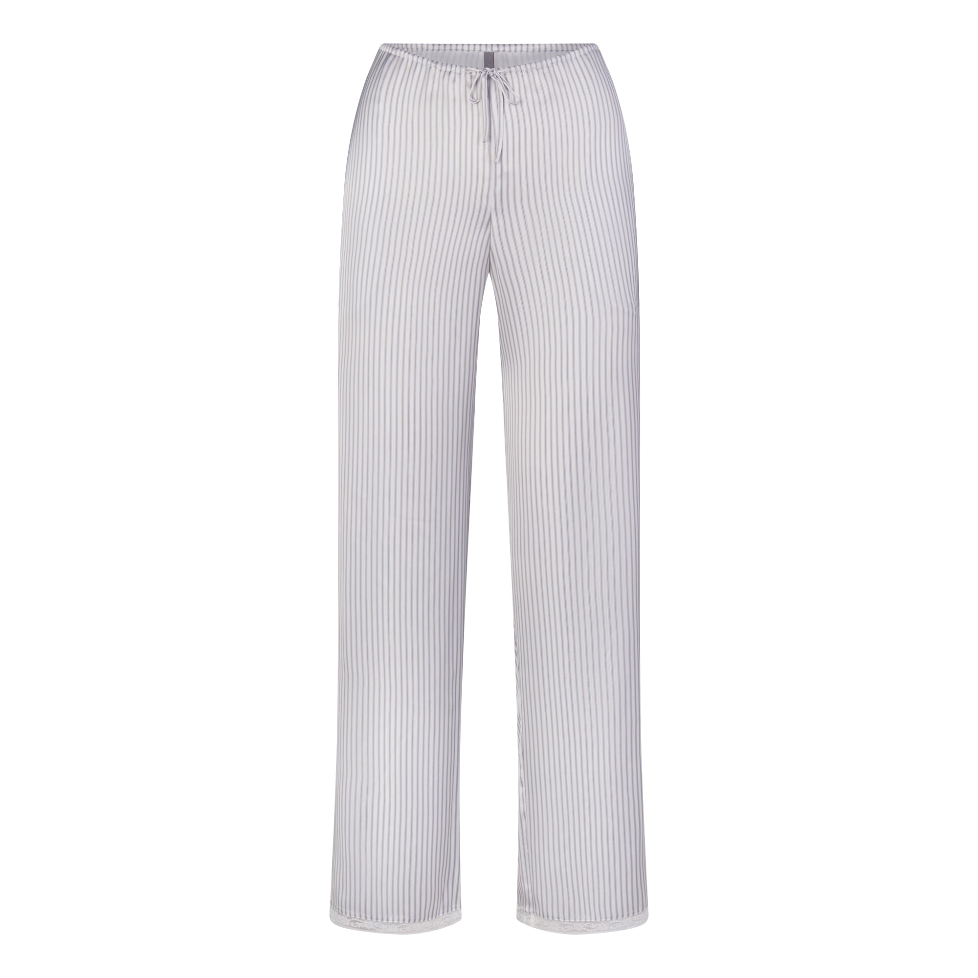 WOVEN SHINE LACE PANT | SILVER TRIPLE PINSTRIPE FLAT ON A WHITE BACKGROUND | FLT
