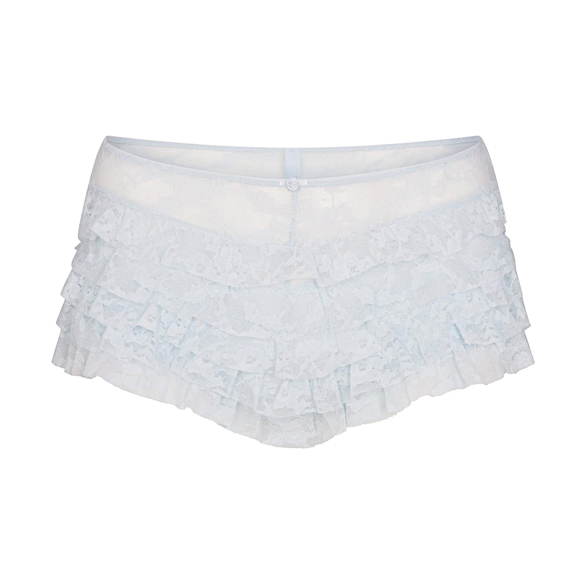 STRETCH LACE RUFFLE SHORT | POWDER BLUE FLAT ON A WHITE BACKGROUND | FLT
