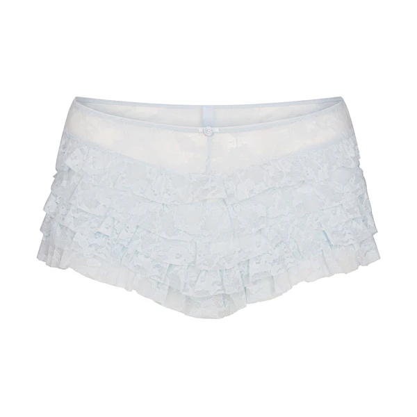 STRETCH LACE RUFFLE SHORT | POWDER BLUE FLAT ON A WHITE BACKGROUND | FLT