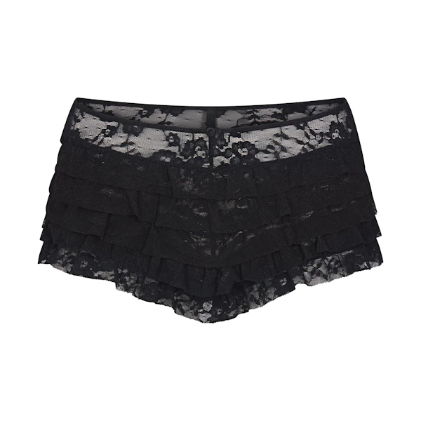 STRETCH LACE RUFFLE SHORT | SOOT FLAT ON A WHITE BACKGROUND | FLT