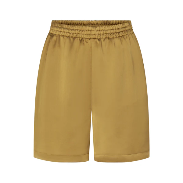 SKIMS SPORTY SATIN LOOSE SHORT | PYRITE (SHORTS, BOTTOMS) LAYS FLAT ON A WHITE BACKGROUND | FLT