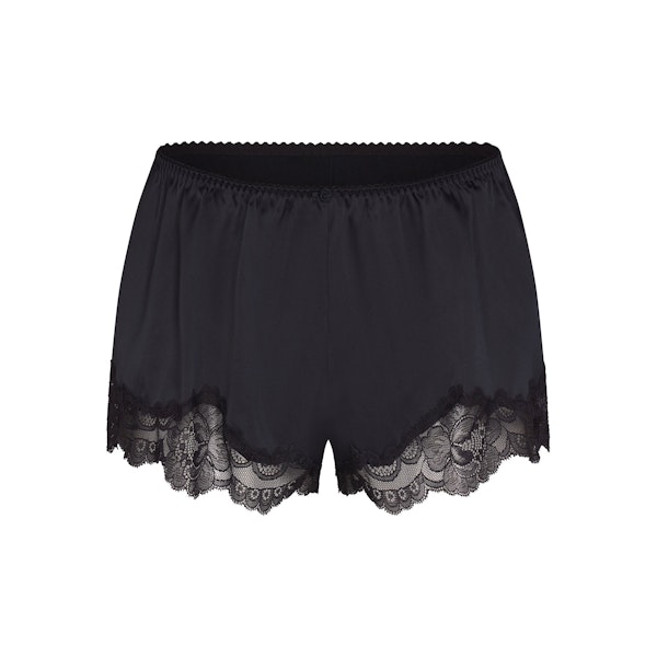 WOVEN SHINE LACE TAP SHORT | ONYX (SHORTS, BOTTOMS) LAYS FLAT ON A WHITE BACKGROUND | FLT