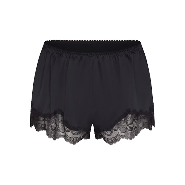 WOVEN SHINE LACE TAP SHORT | ONYX (SHORTS, BOTTOMS) LAYS FLAT ON A WHITE BACKGROUND | FLT