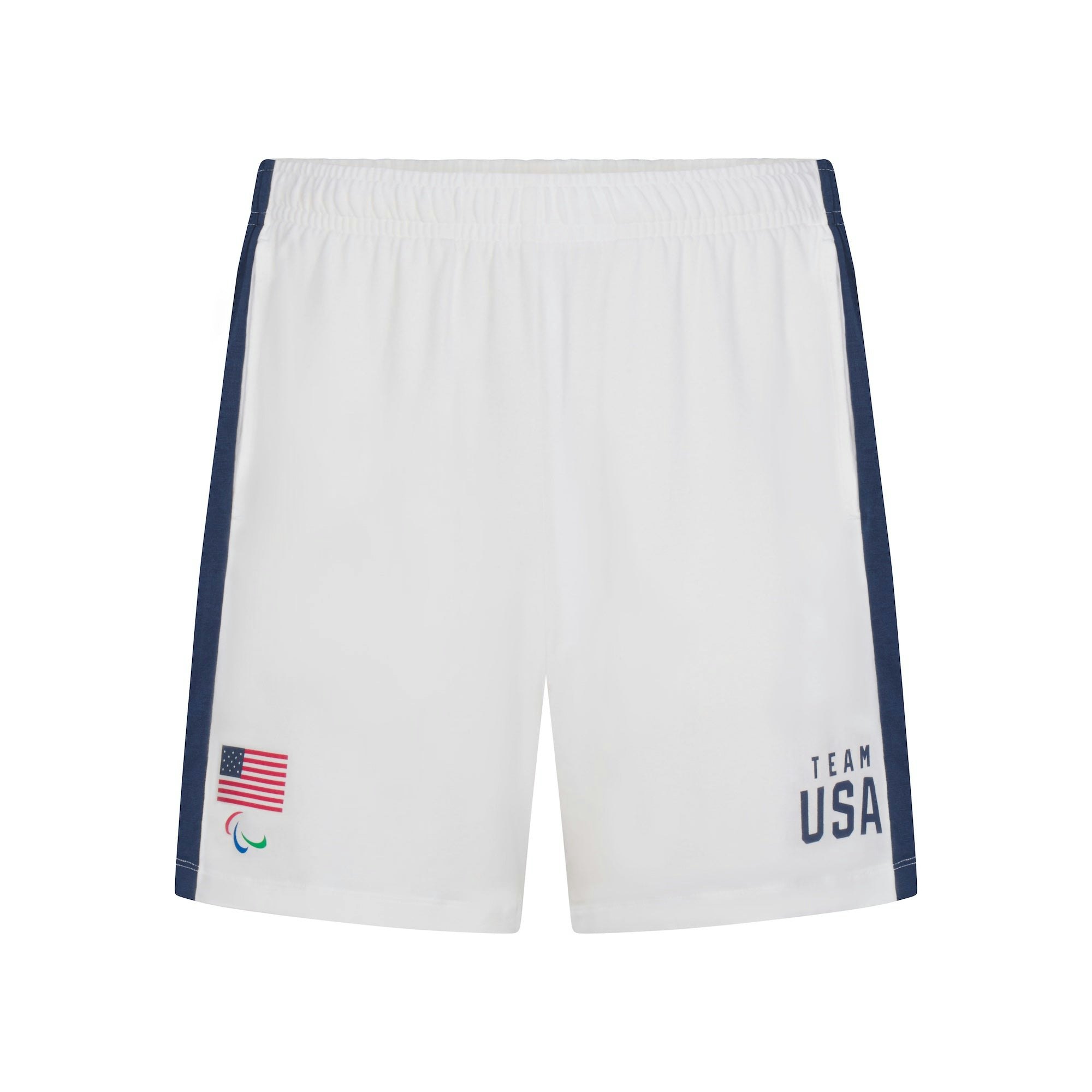 SKIMS FOR TEAM USA JERSEY SLEEP MENS PARALYMPIC SHORT | WHITE (MENS SHORTS, MENS BOTTOMS) FLAT ON A WHITE BACKGROUND
