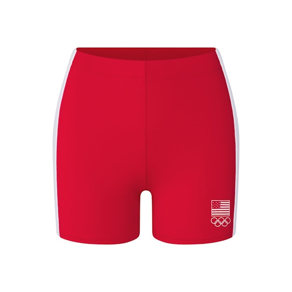 SKIMS FOR TEAM USA SIGNATURE SWIM OLYMPIC MID WAIST SHORT | RED (BIKINI BOTTOMS, BOTTOMS) FLAT ON A WHITE BACKGROUND | FLT