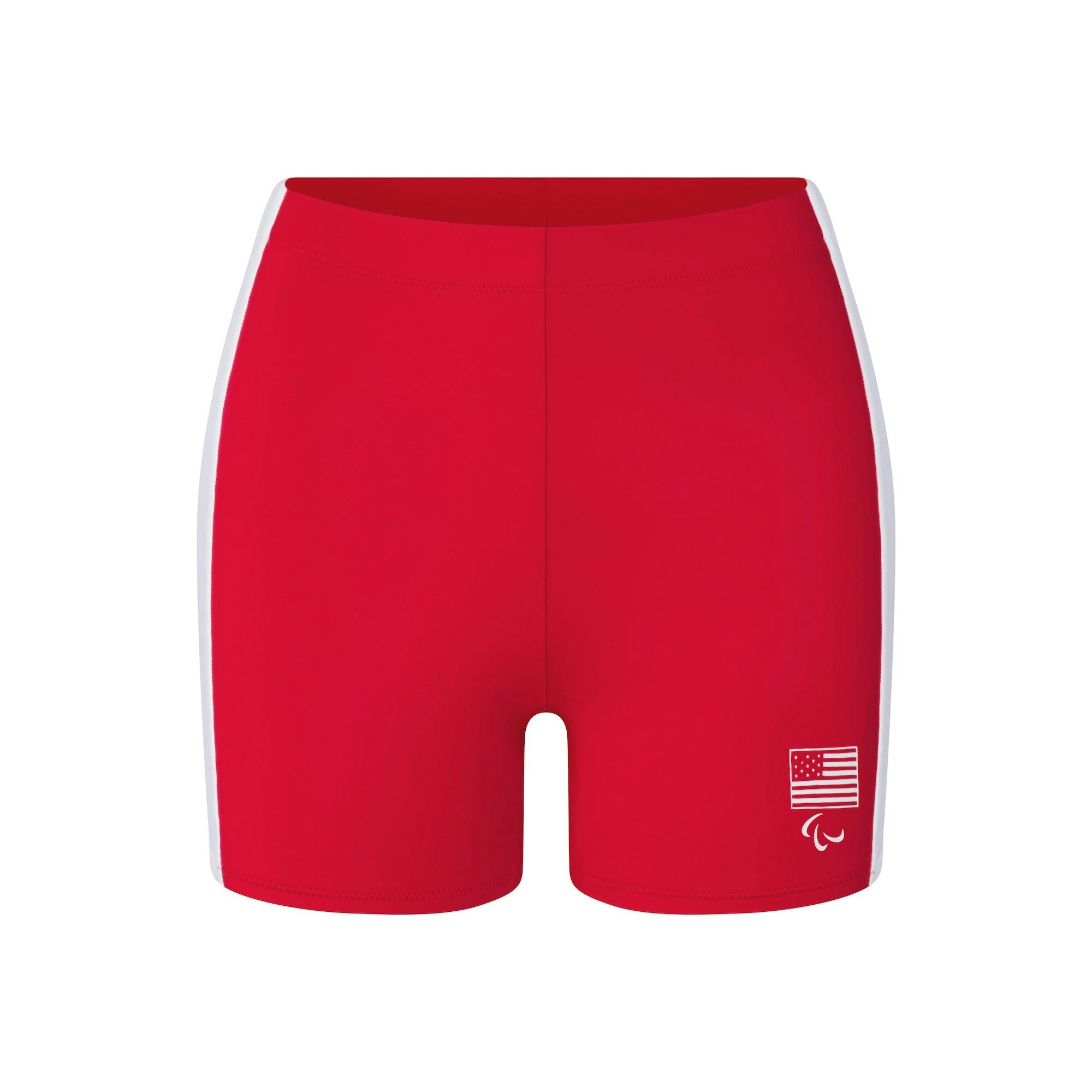 SKIMS FOR TEAM USA SIGNATURE SWIM PARALYMPIC MID WAIST SHORT | RED (BIKINI BOTTOMS, BOTTOMS) FLAT ON A WHITE BACKGROUND | FLT