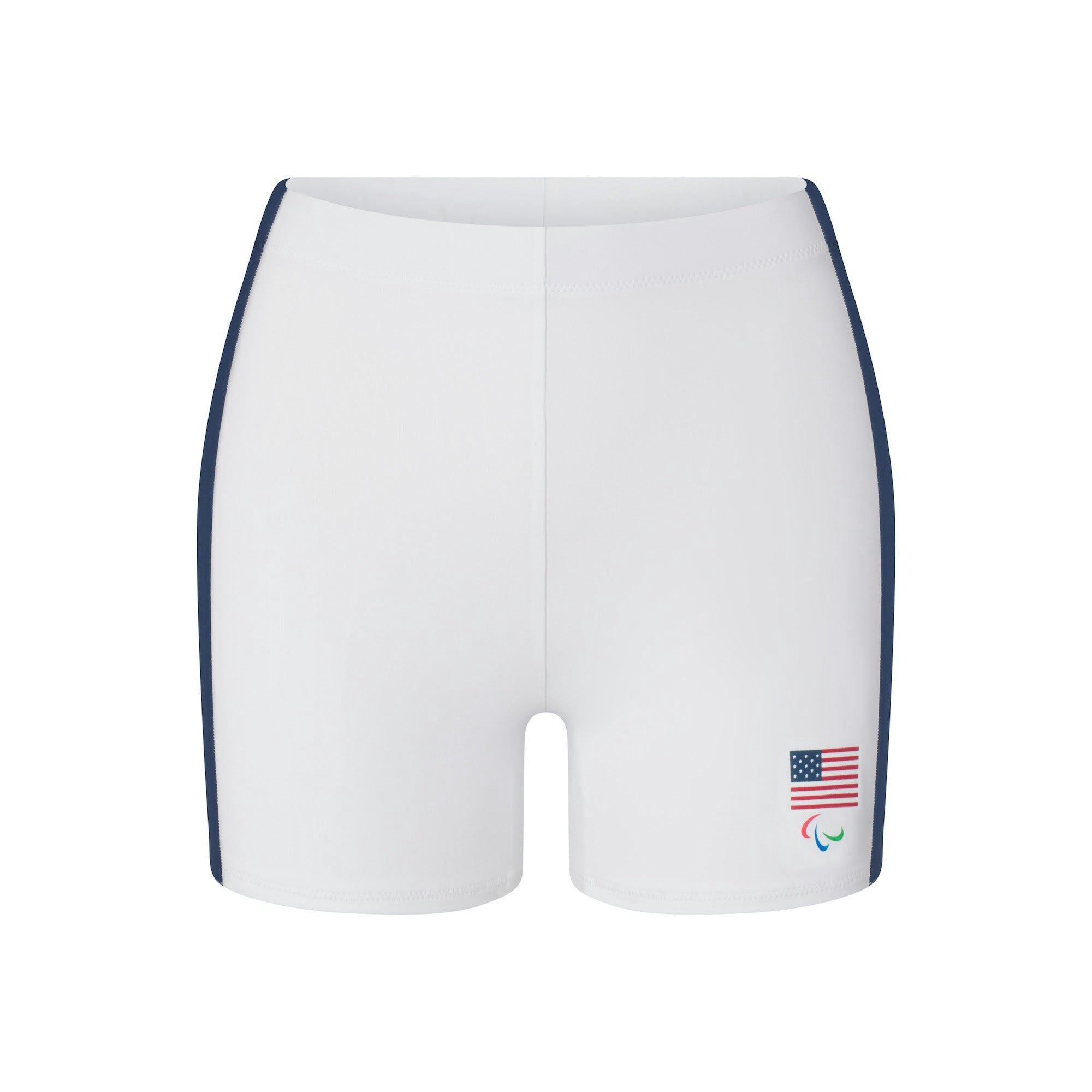 SKIMS FOR TEAM USA SIGNATURE SWIM PARALYMPIC MID WAIST SHORT | WHITE (BIKINI BOTTOMS, BOTTOMS) FLAT ON A WHITE BACKGROUND | FLT