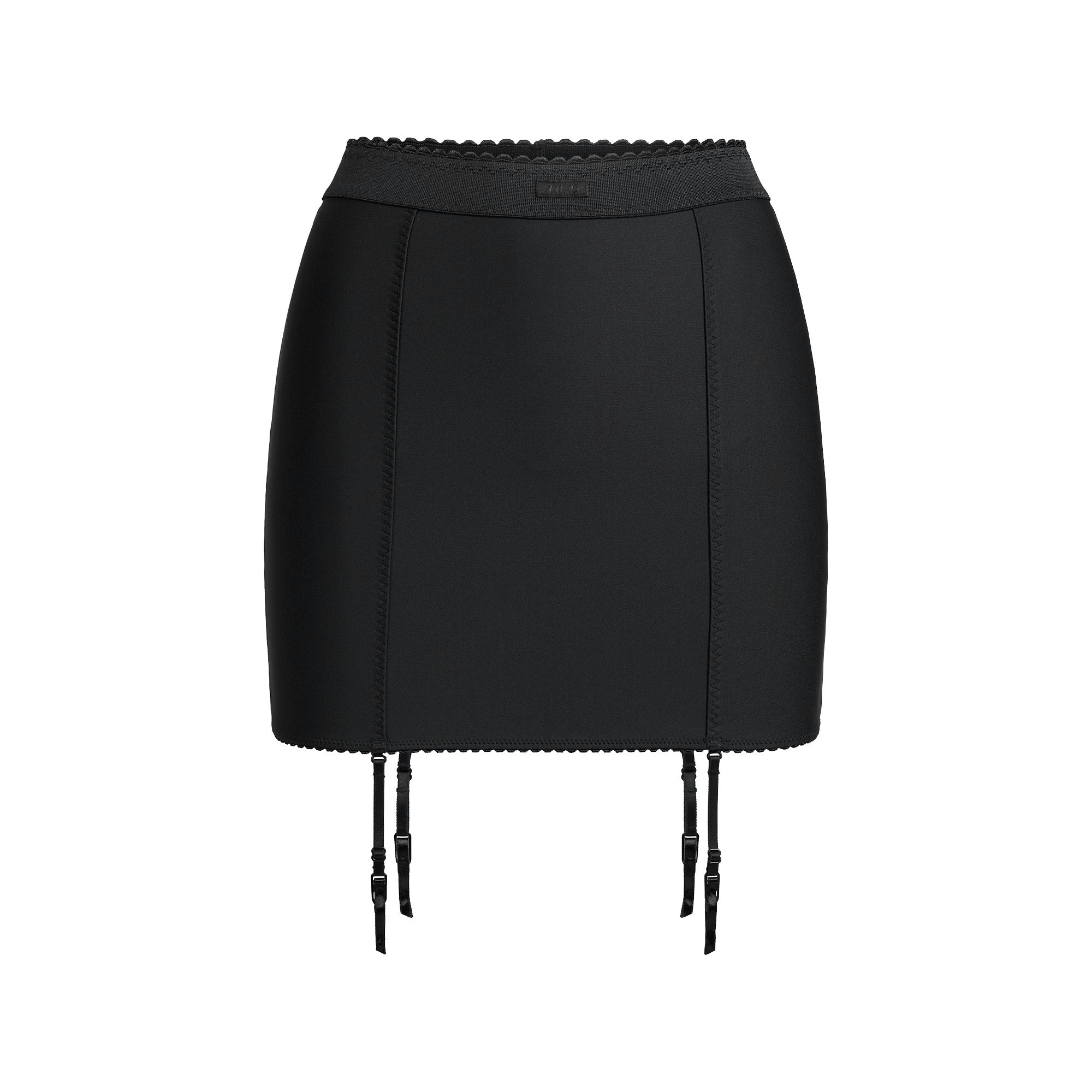 SKIMS BODY MINI GARTER SKIRT | ONYX FLAT ON A WHITE BACKGROUND | FLT