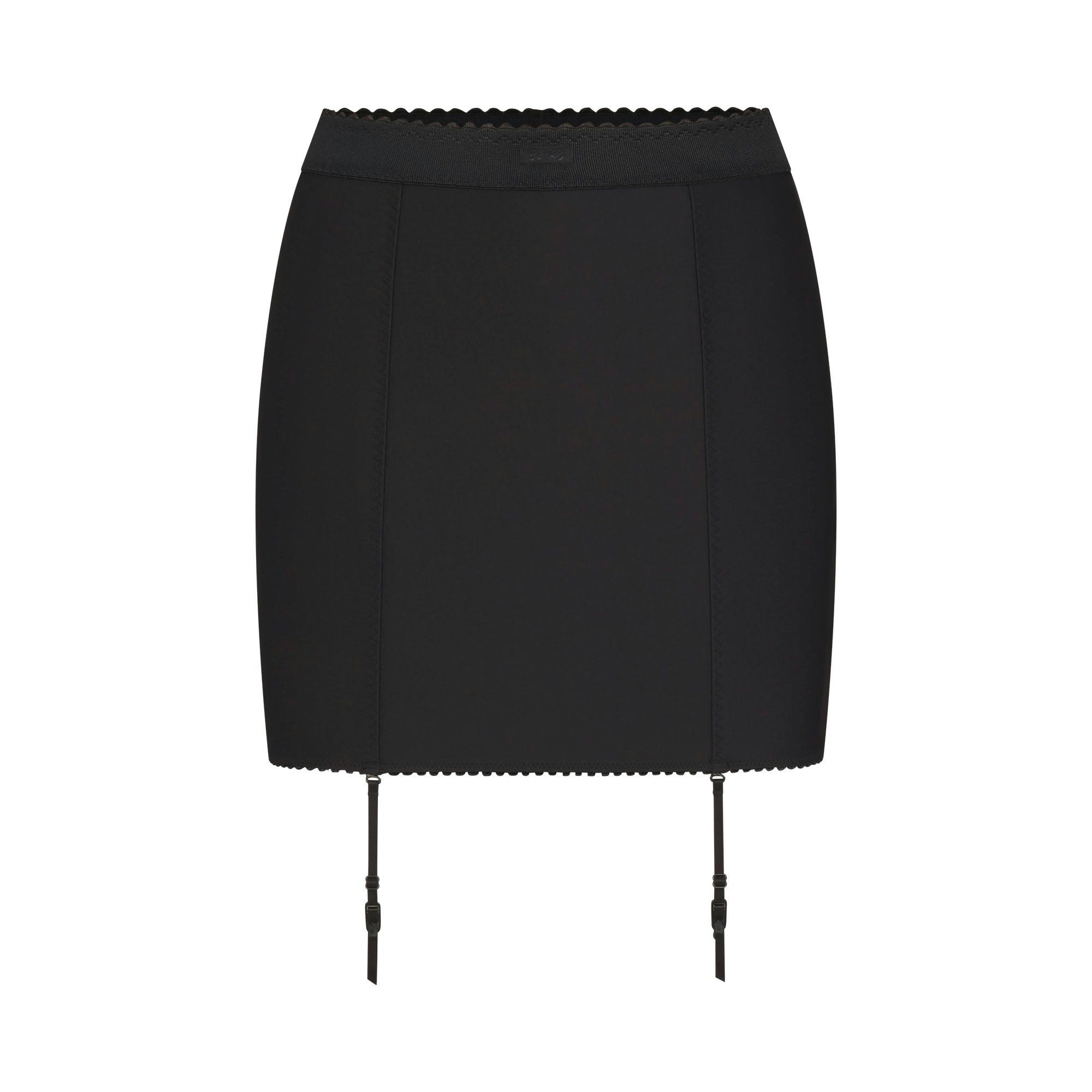 SKIMS BODY MINI GARTER SKIRT | ONYX FLAT ON A WHITE BACKGROUND | FLT