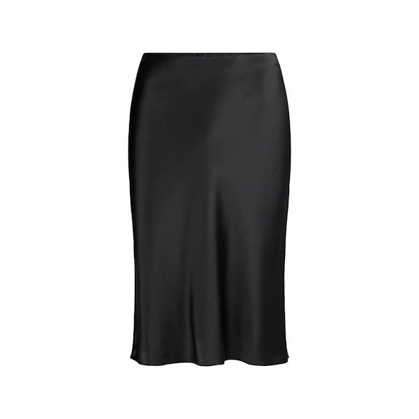 SILK MIDI SKIRT | ONYX FLAT ON A WHITE BACKGROUND | FLT