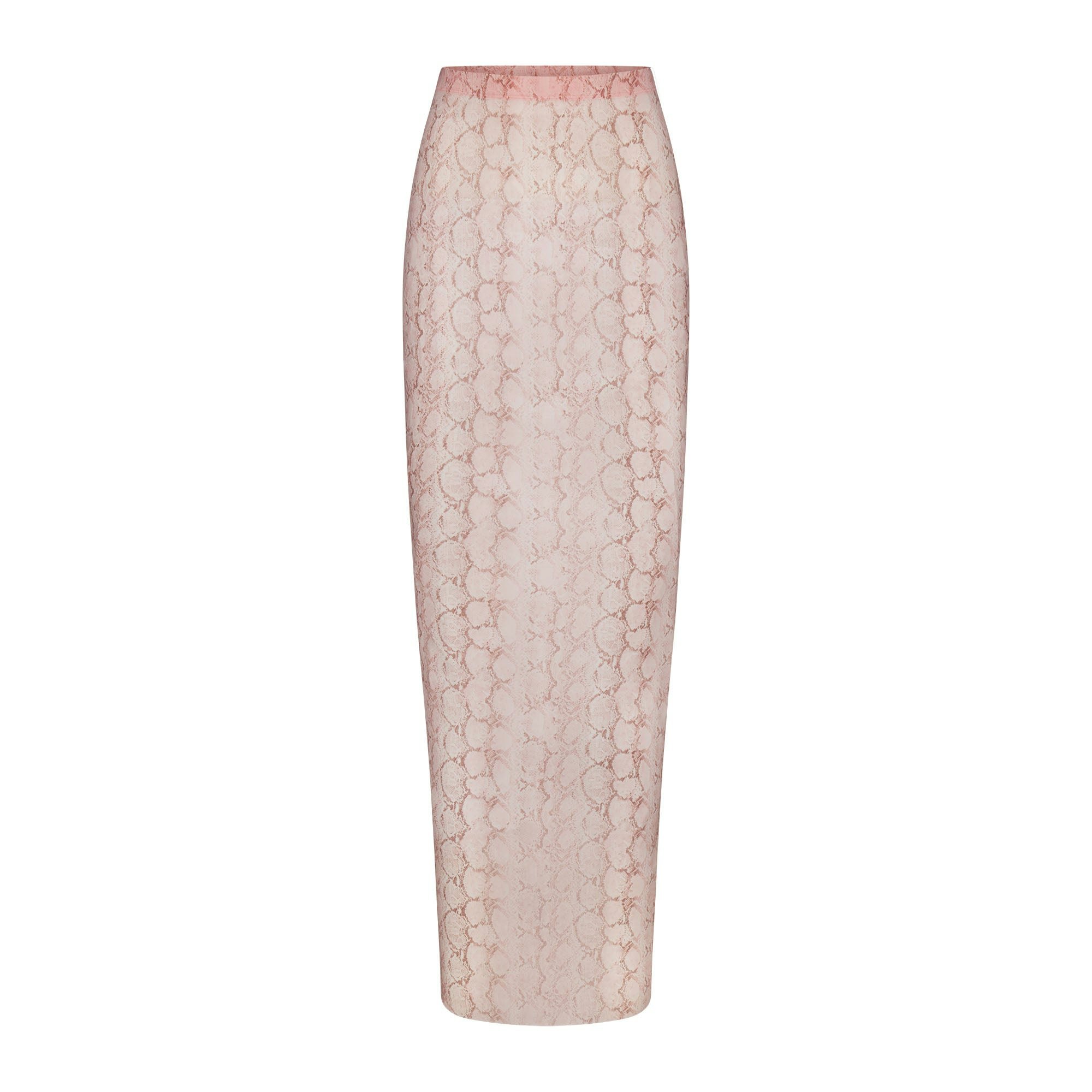 MILKY SHEER LONG SKIRT | ROSE PASTEL SNAKE PRINT FLAT ON A WHITE BACKGROUND | FLT