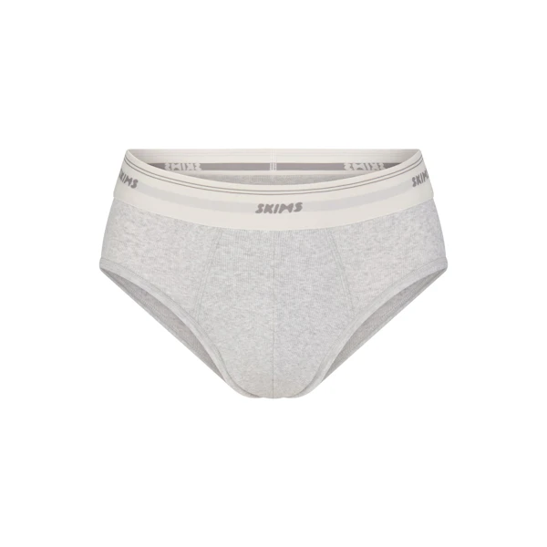 SKIMS COTTON MENS RIB BRIEF | LIGHT HEATHER GREY FLAT ON A WHITE BACKGROUND | FLT