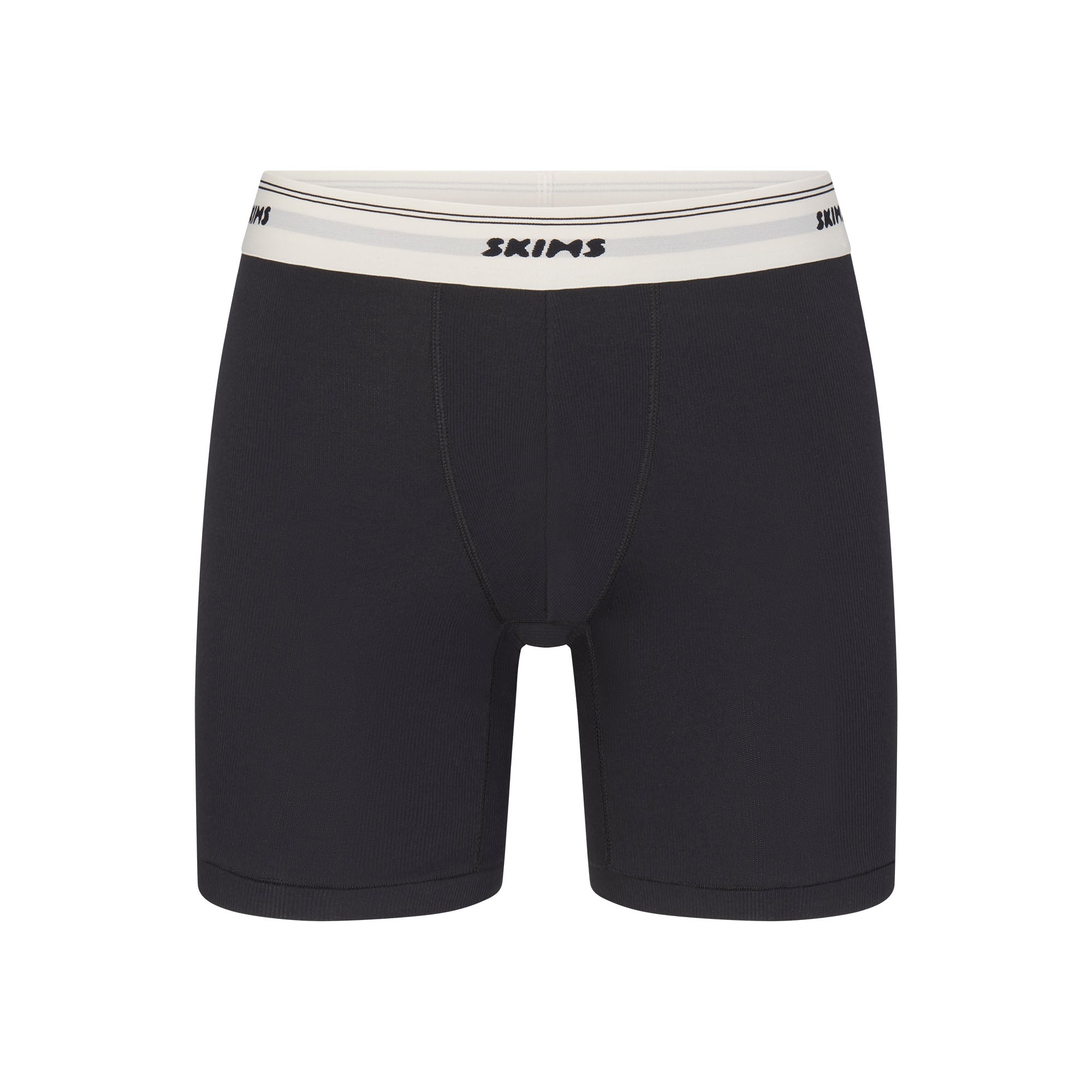 SKIMS COTTON MENS RIB 5 INCH BOXER BRIEF | ONYX FLAT ON A WHITE BACKGROUND | FLT