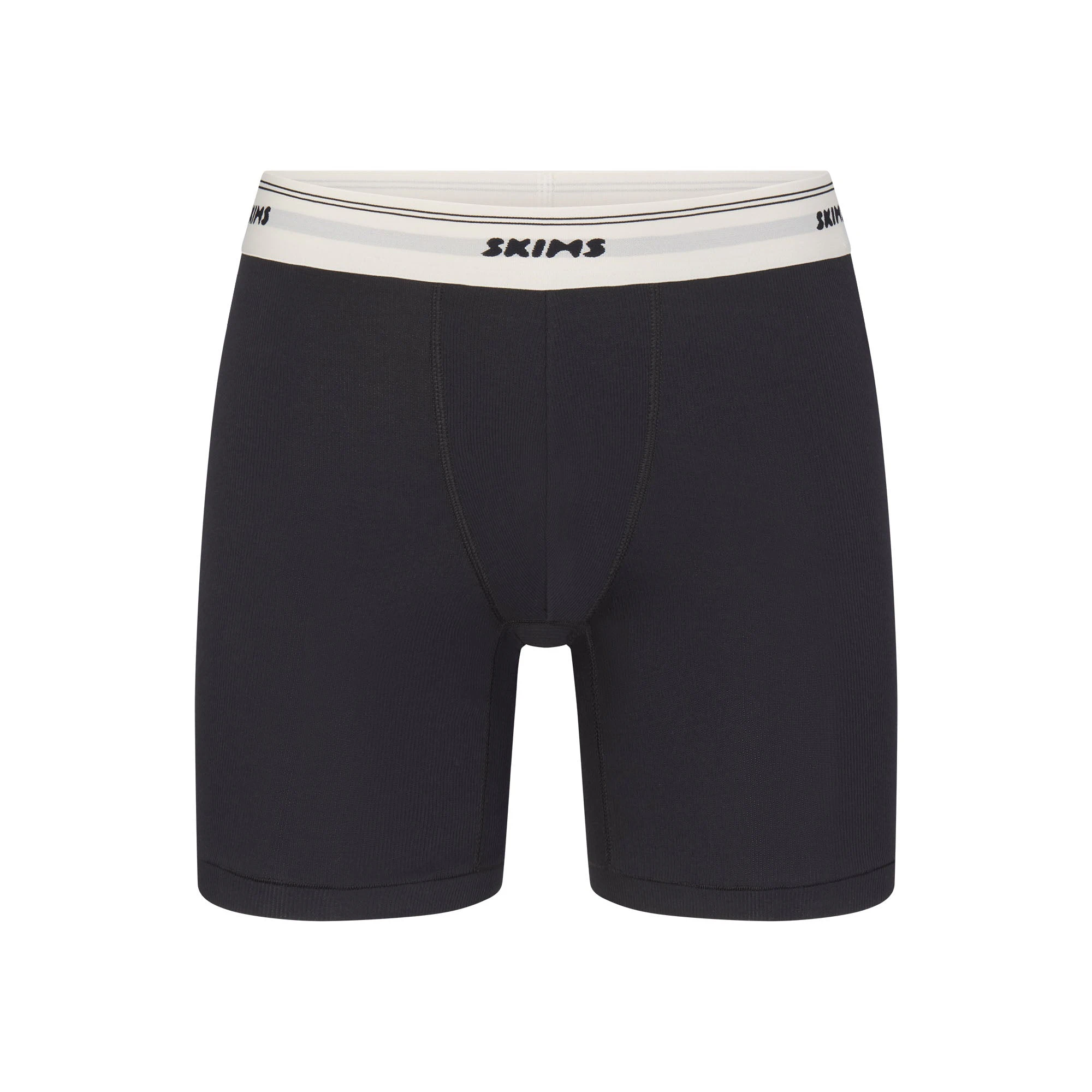 SKIMS COTTON MENS RIB 5 INCH BOXER BRIEF | ONYX FLAT ON A WHITE BACKGROUND | FLT