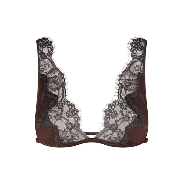 SILK LACE PLUNGE BRALETTE | ESPRESSO CONTRAST FLAT ON A WHITE BACKGROUND | FLT