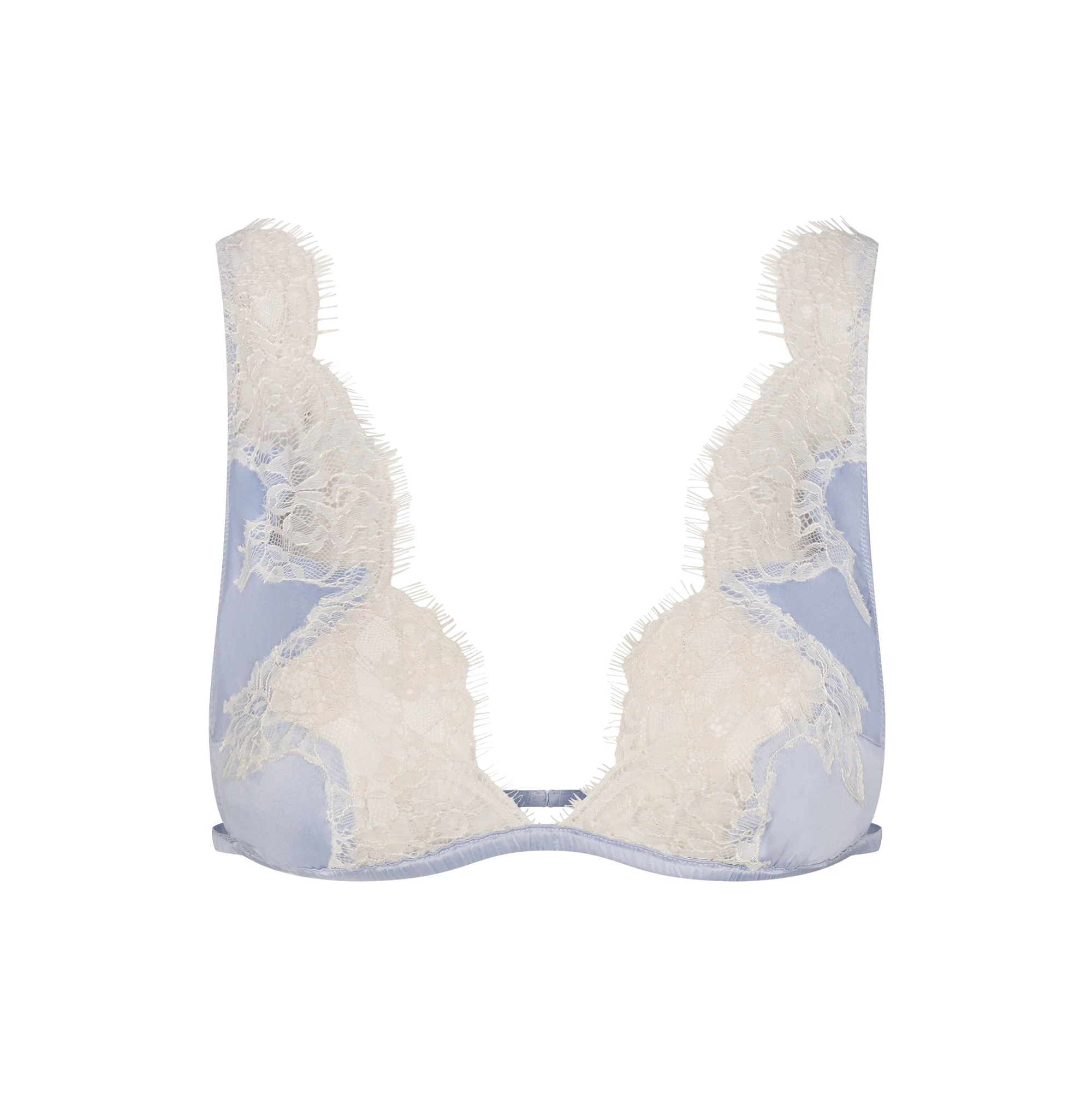 SILK LACE PLUNGE BRALETTE | PERIWINKLE CONTRAST FLAT ON A WHITE BACKGROUND | FLT