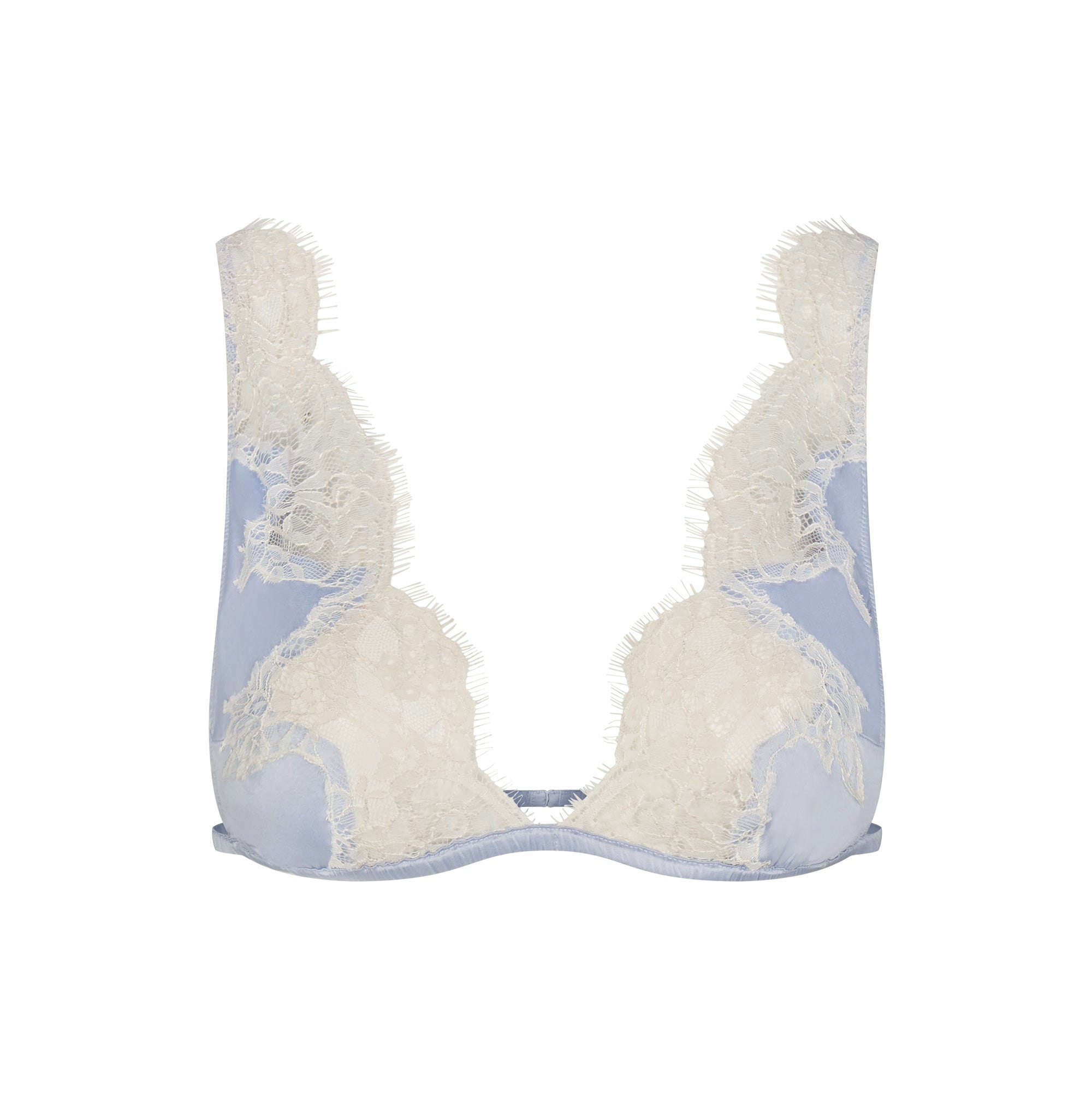 SILK LACE PLUNGE BRALETTE | PERIWINKLE CONTRAST FLAT ON A WHITE BACKGROUND | FLT