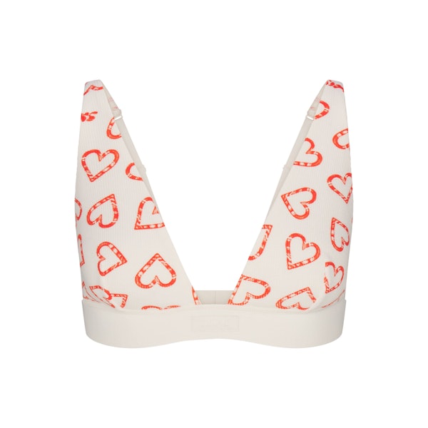 COTTON RIB PLUNGE BRALETTE | MARBLE CANDY HEART PRINT FLAT ON A WHITE BACKGROUND | FLT