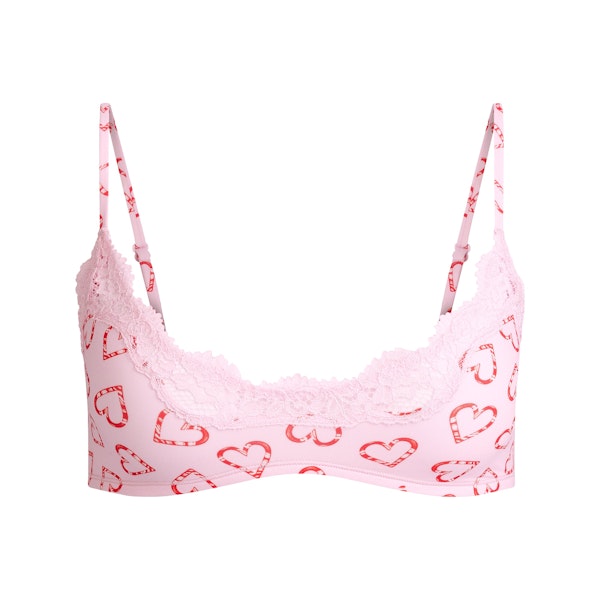 FITS EVERYBODY LACE SCOOP BRALETTE | CHERRY BLOSSOM CANDY HEART PRINT FLAT ON A WHITE BACKGROUND | FLT